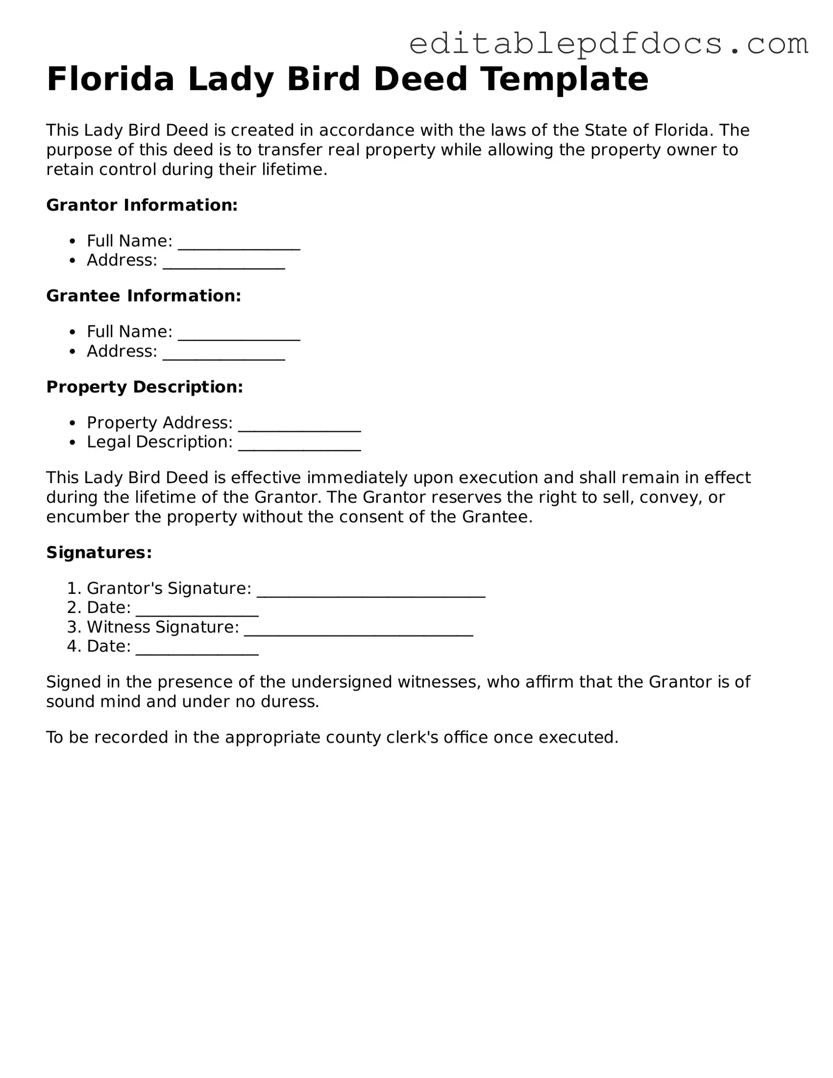  Lady Bird Deed Document for Florida