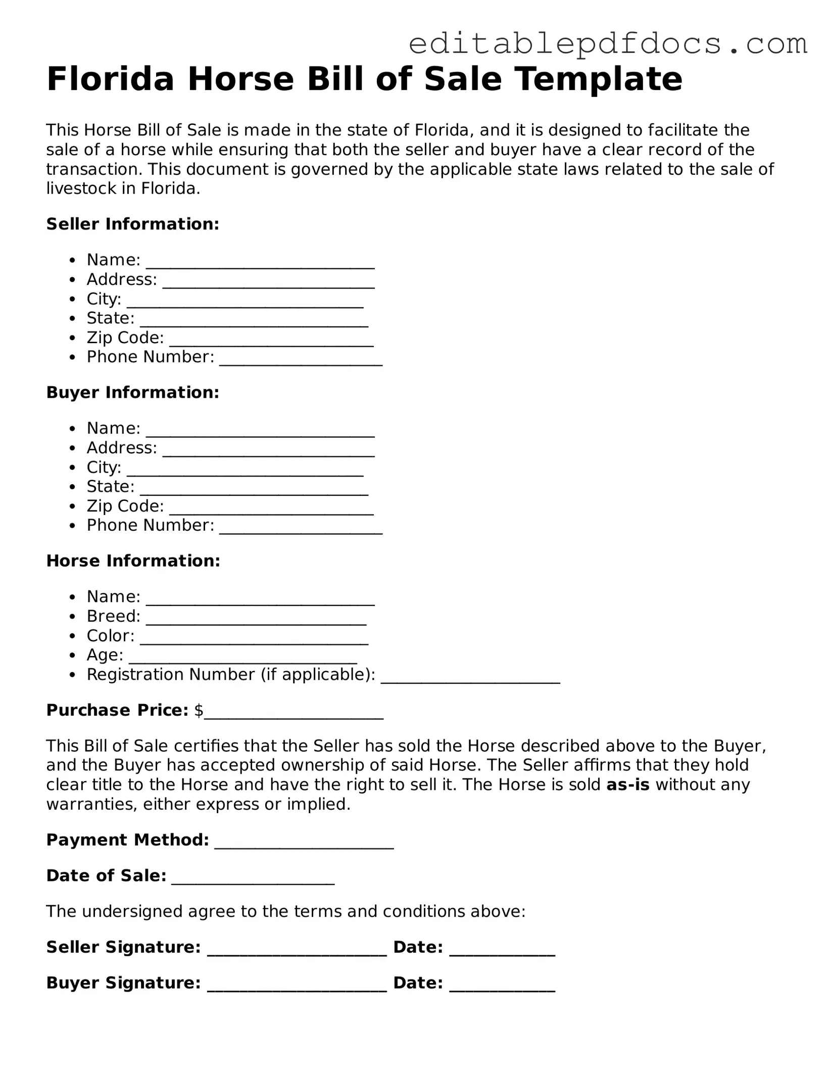  Horse Bill of Sale Document for Florida