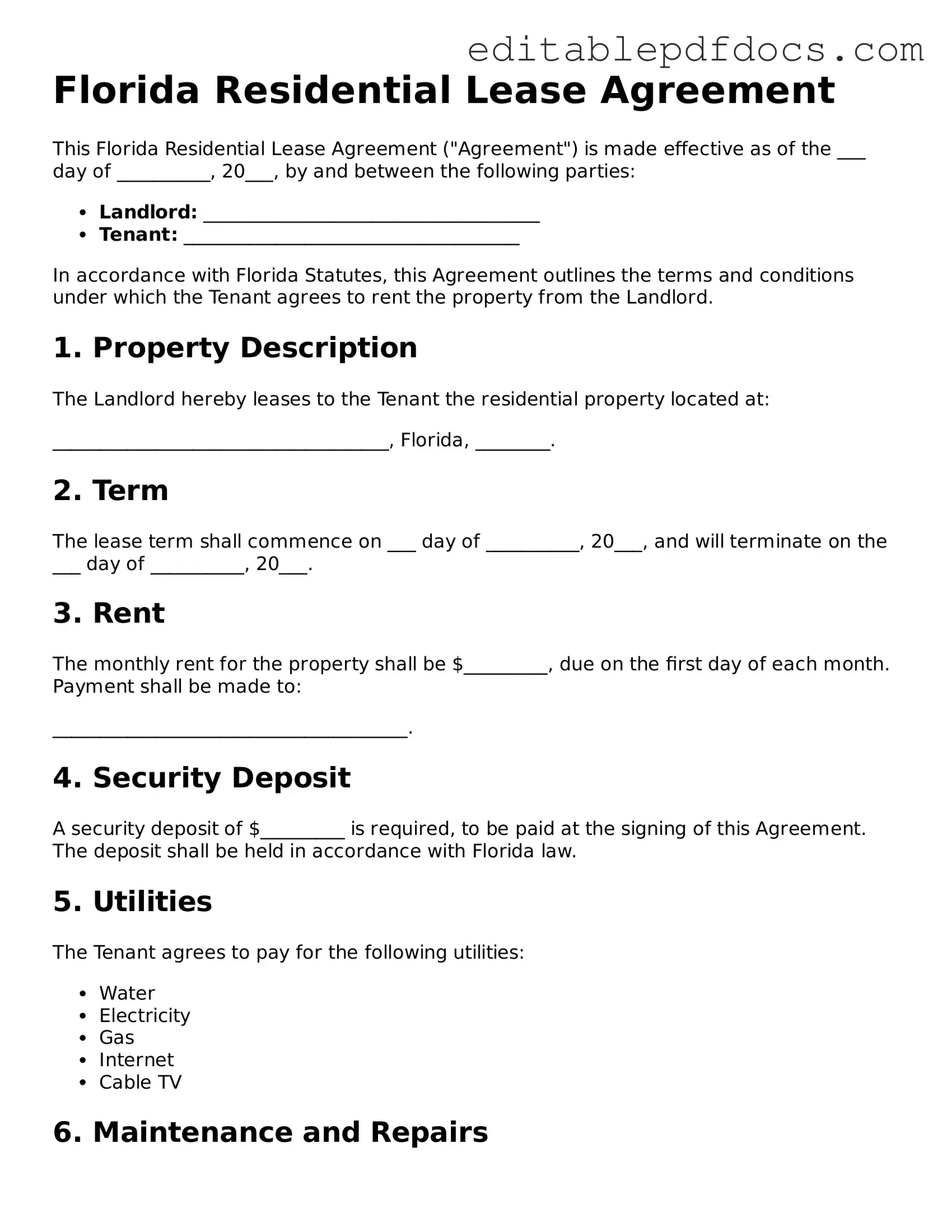  Residential Lease Agreement Document for Florida