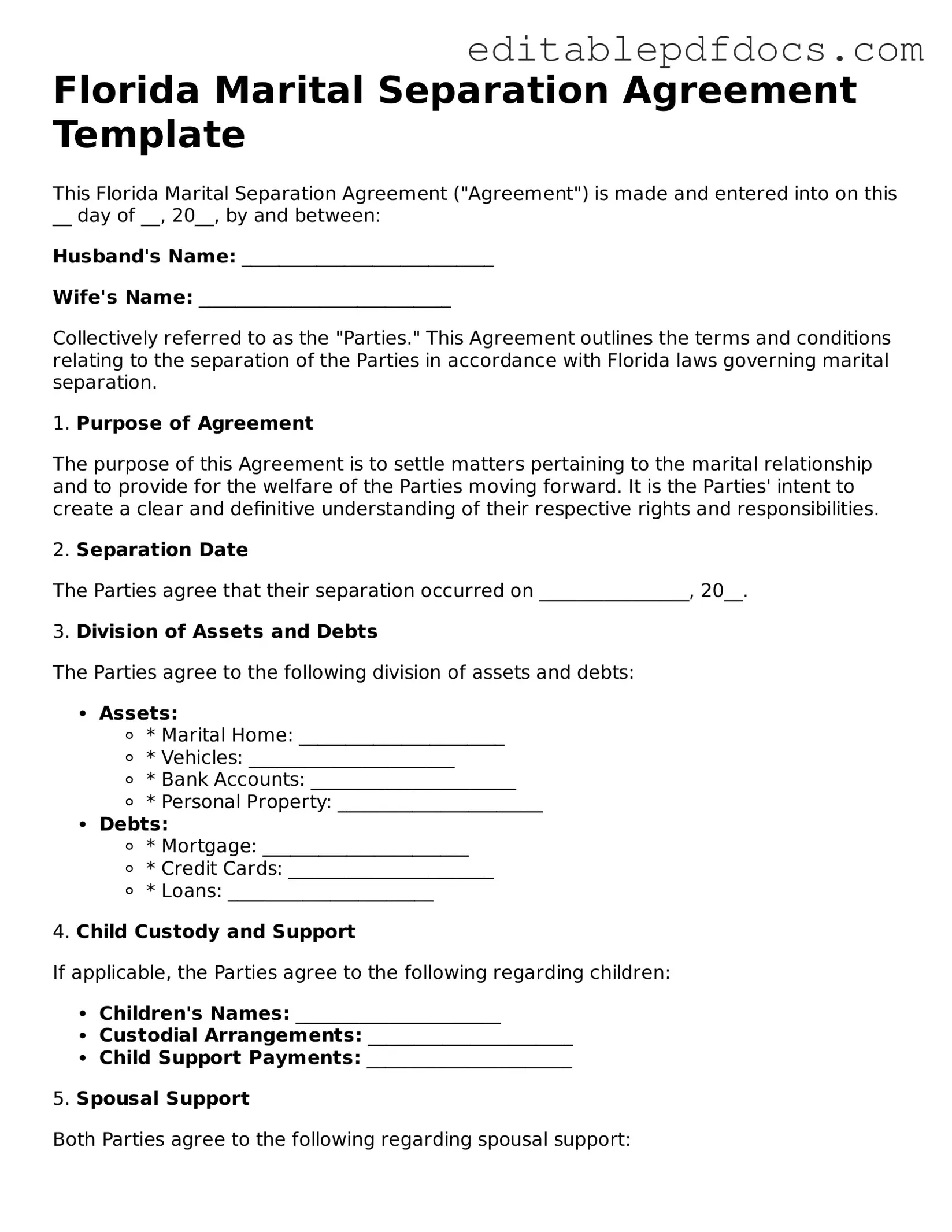  Marital Separation Agreement Document for Florida