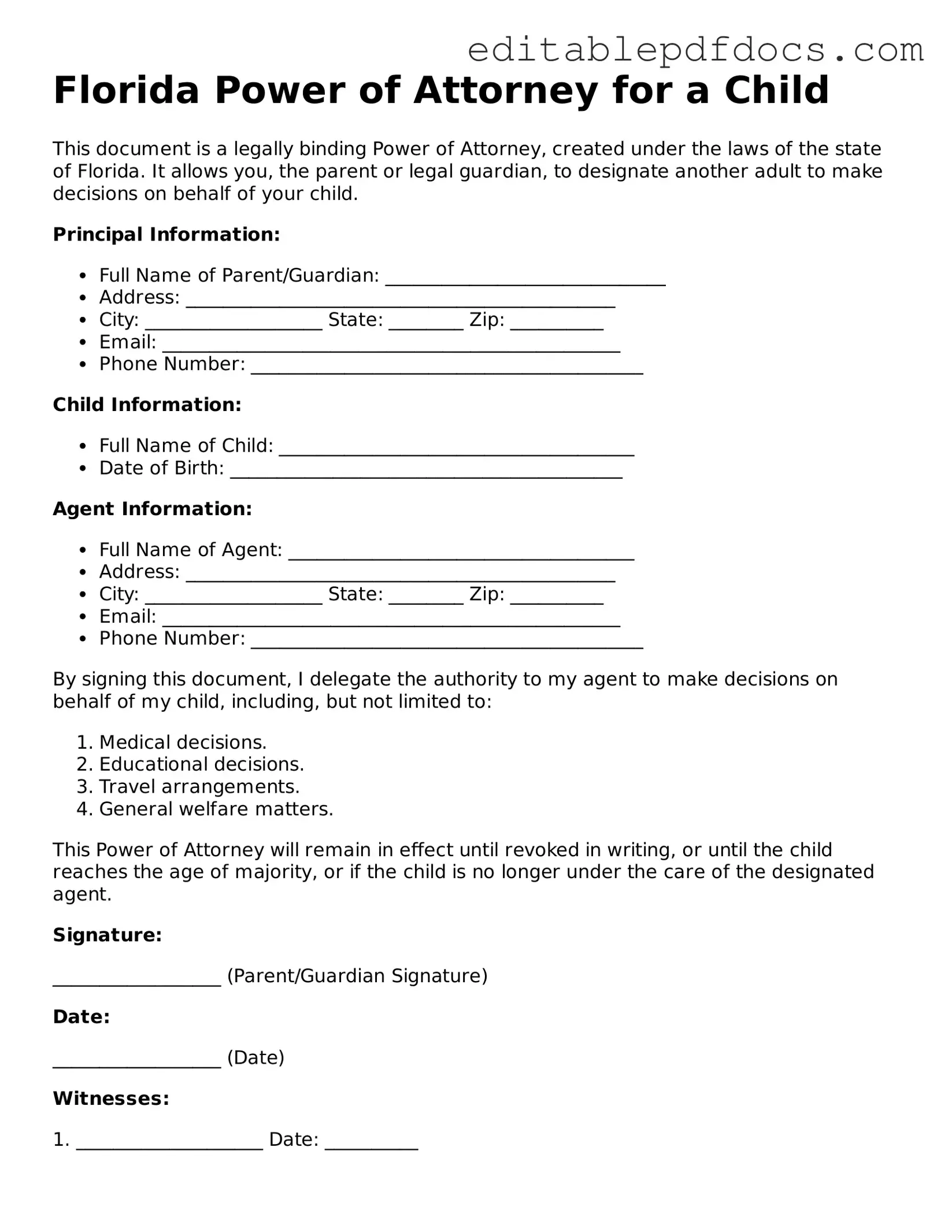  Power of Attorney for a Child Document for Florida
