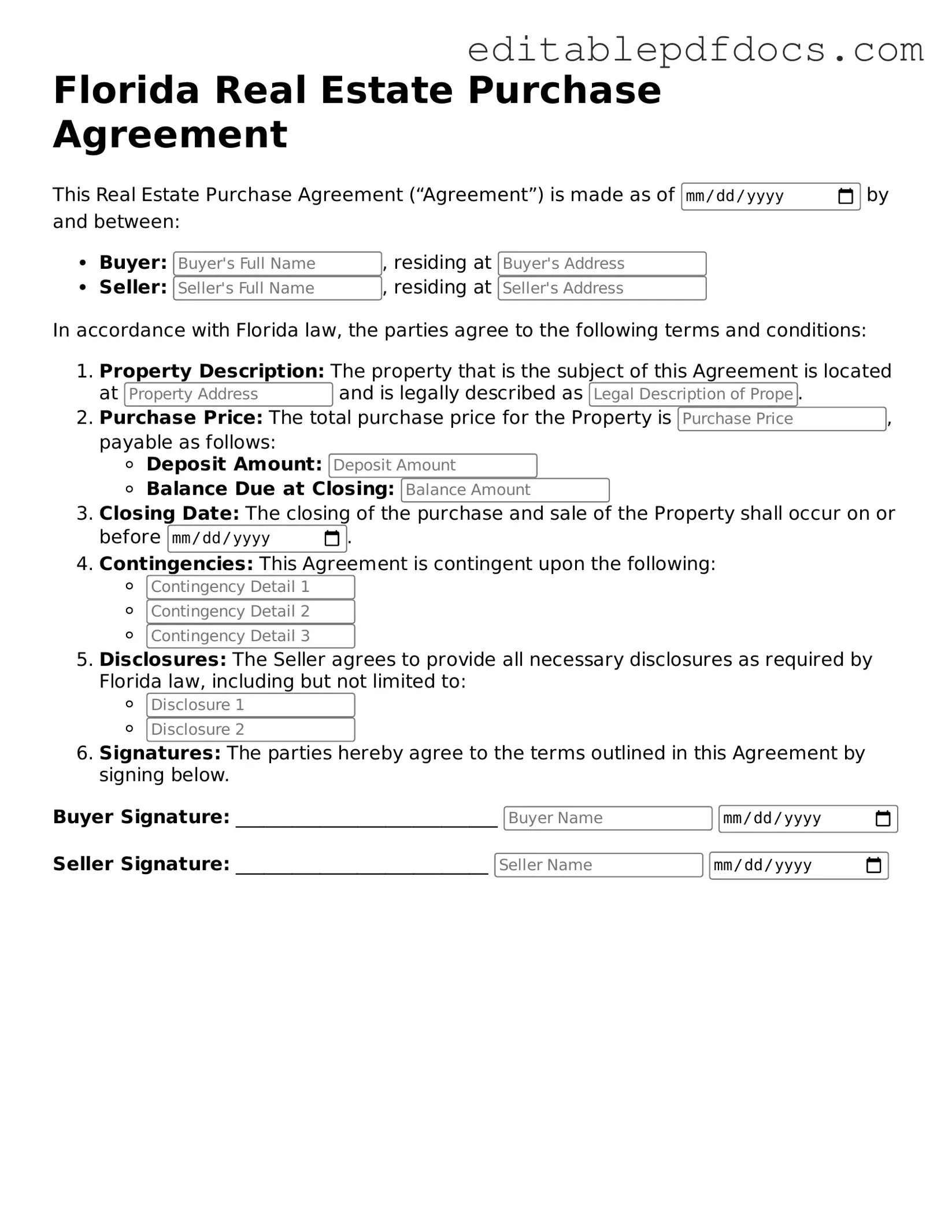  Real Estate Purchase Agreement Document for Florida