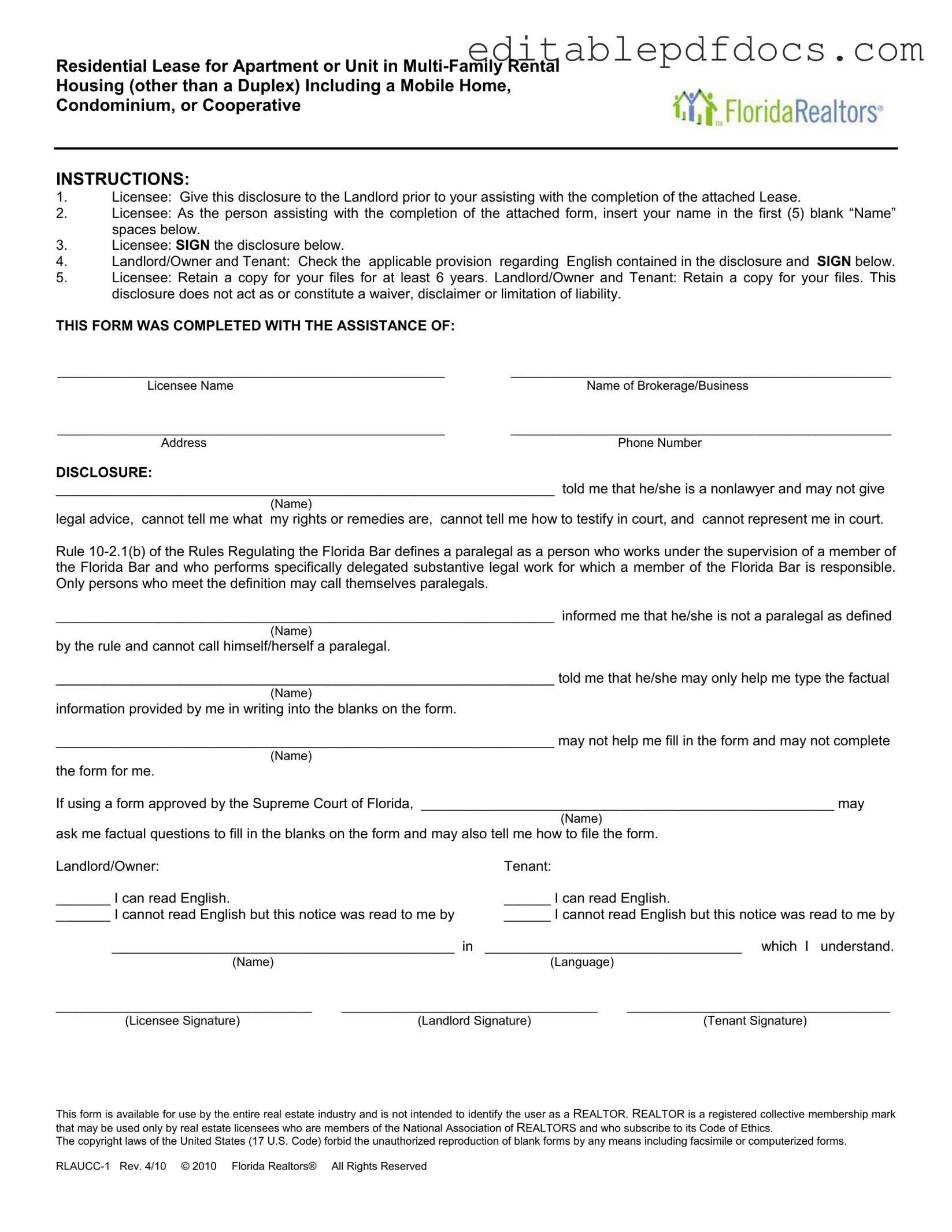 Fill a Valid Florida Realtors Residential Lease Template