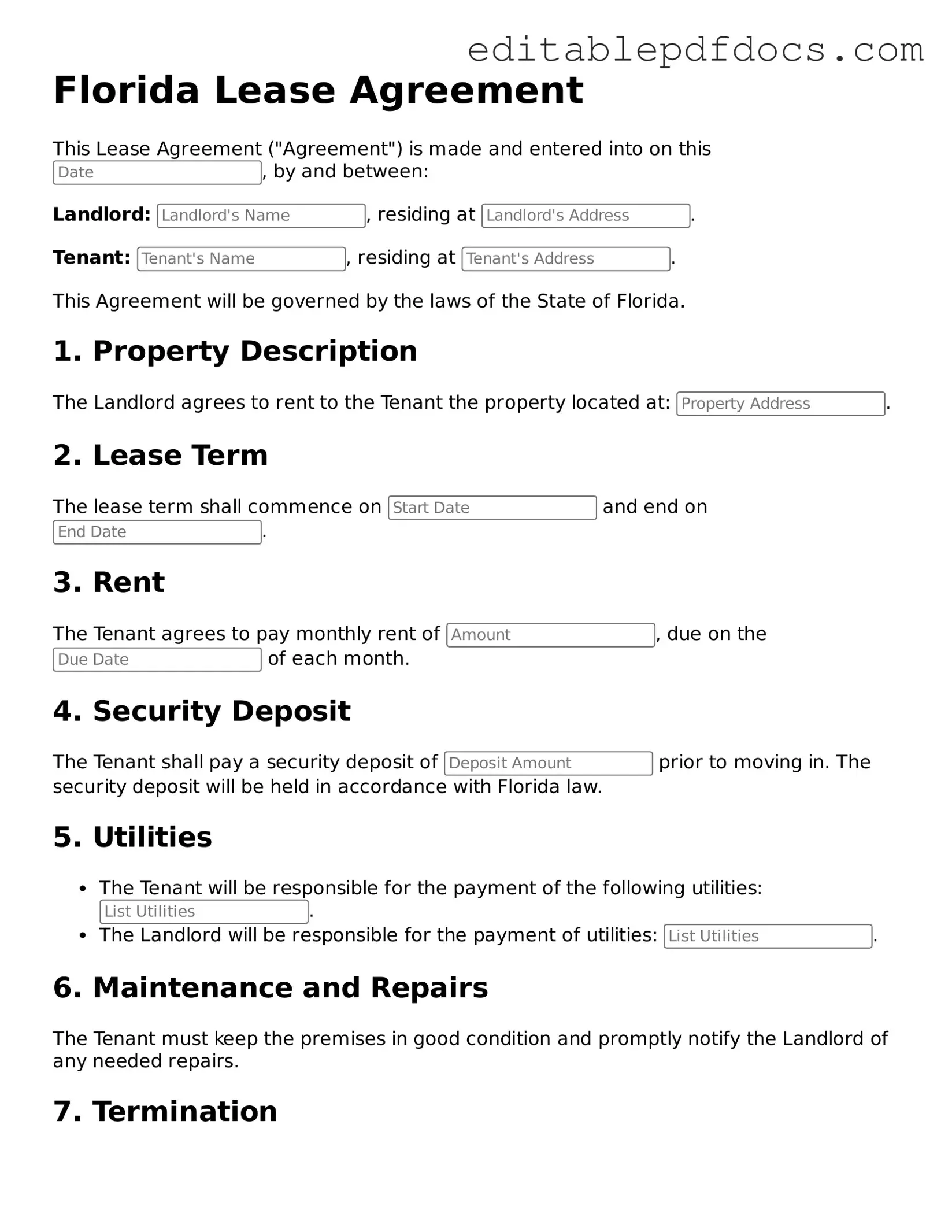  Lease Agreement Document for Florida