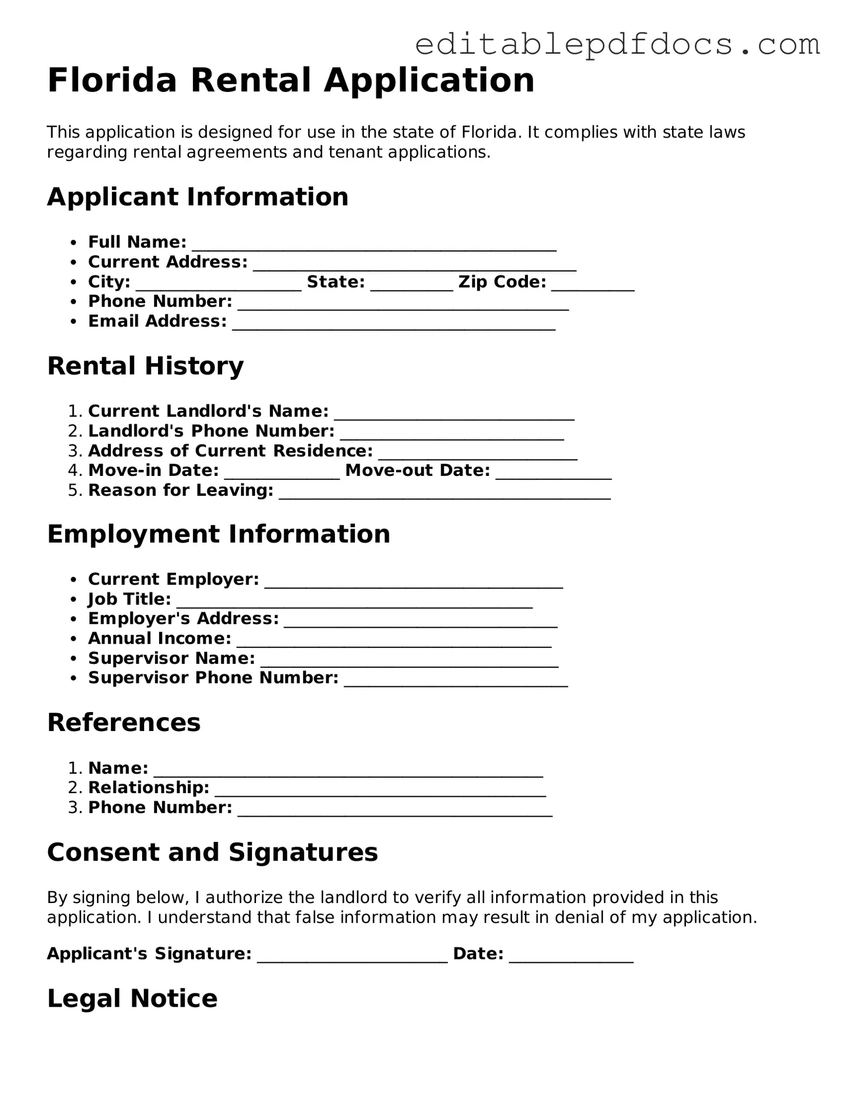 Rental Application Document for Florida