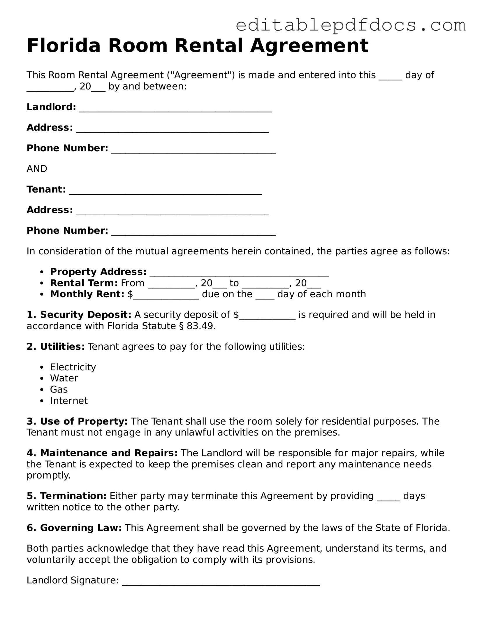  Room Rental Agreement Document for Florida