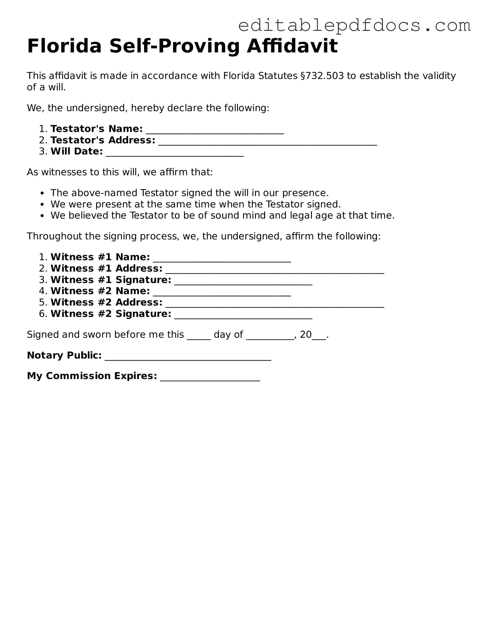  Self-Proving Affidavit Document for Florida