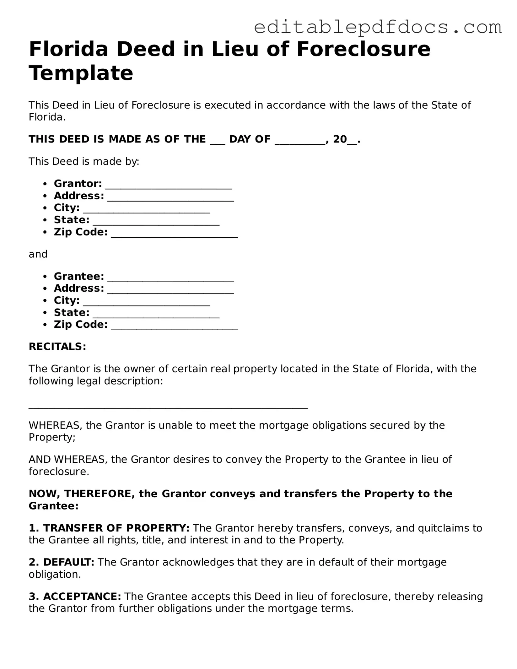  Deed in Lieu of Foreclosure Document for Florida