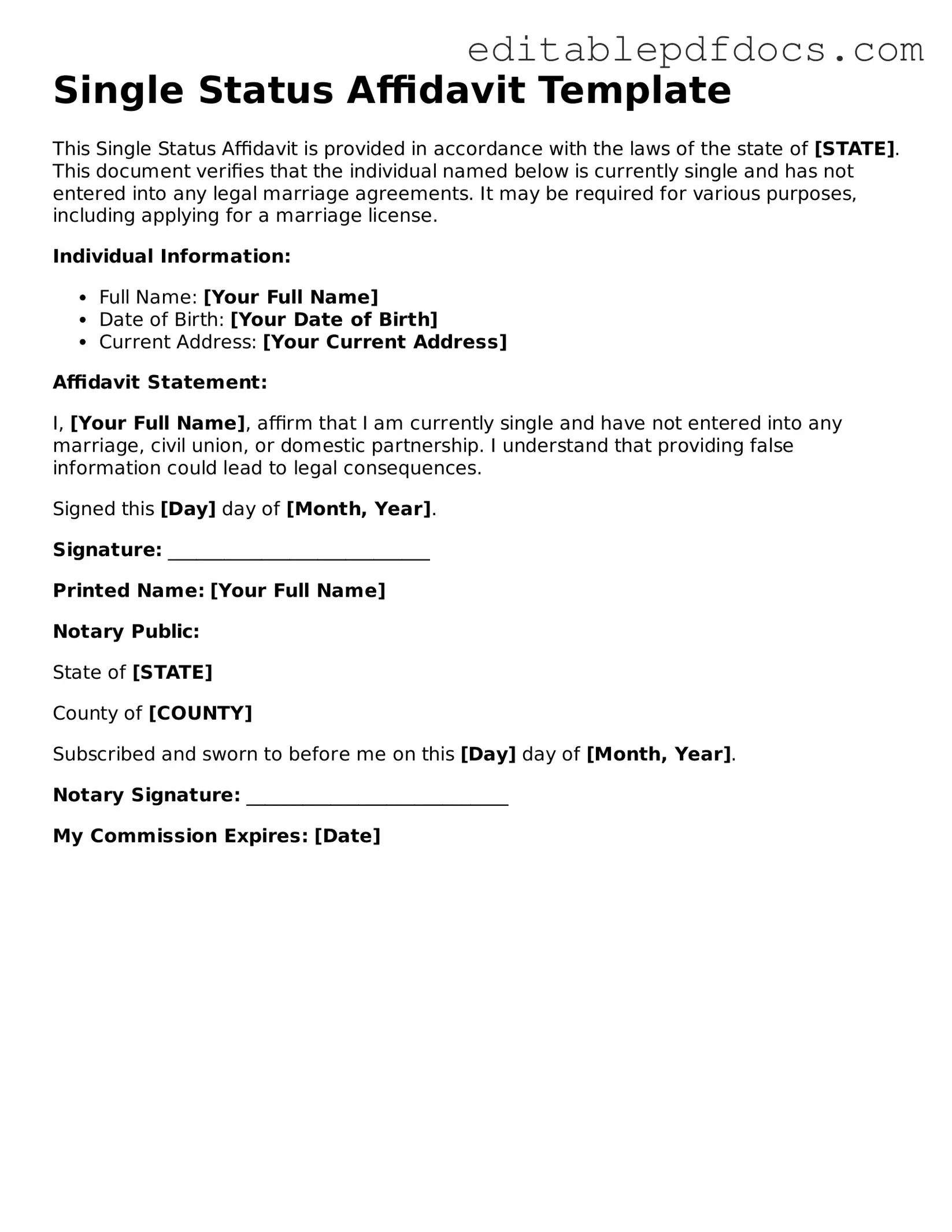 Free Single Status Affidavit Document