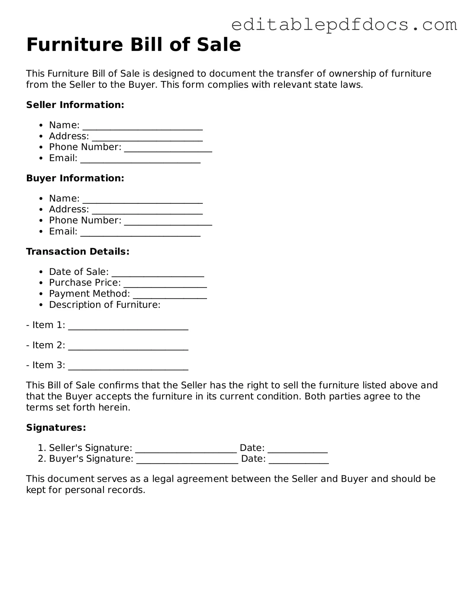 Free Furniture Bill of Sale Document
