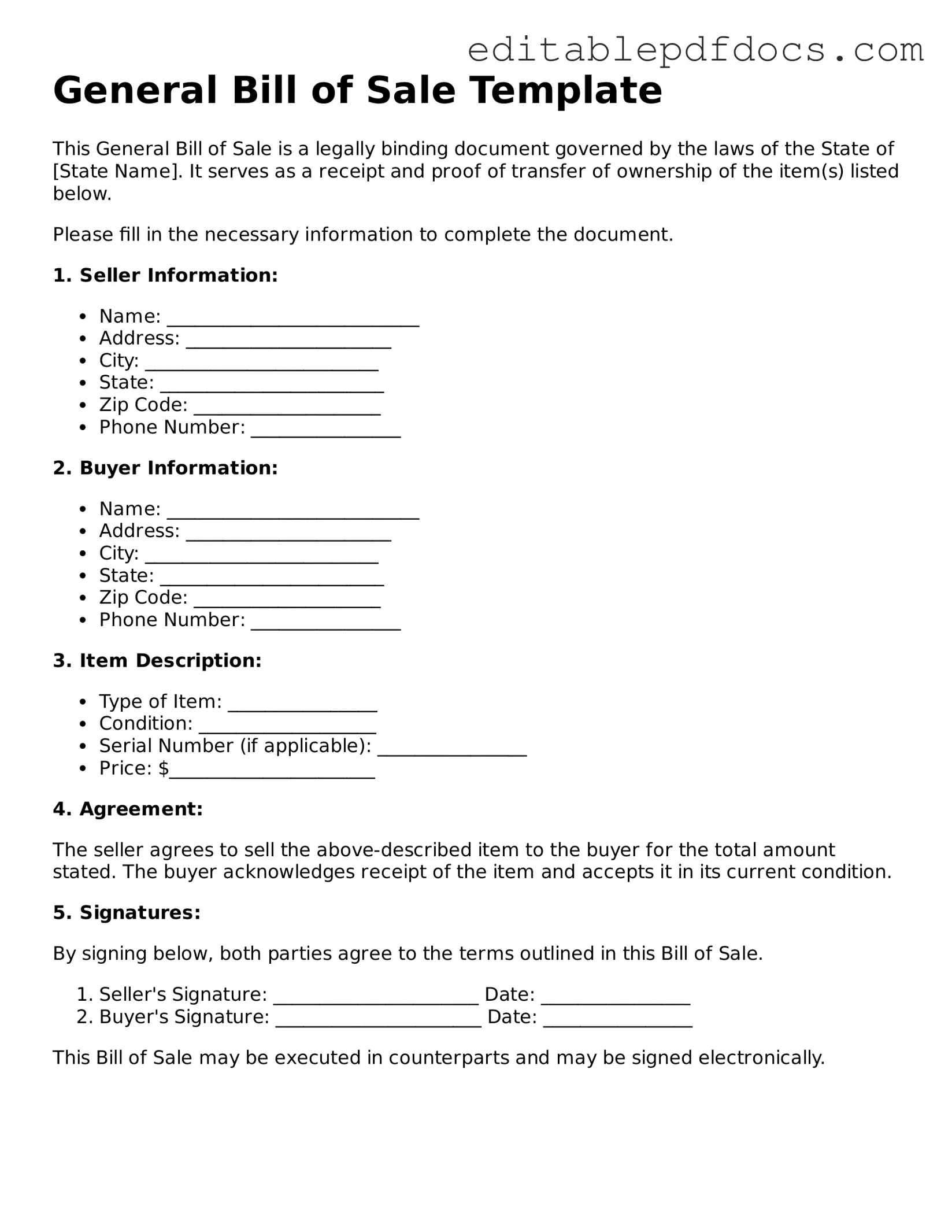 Free General Bill of Sale Document