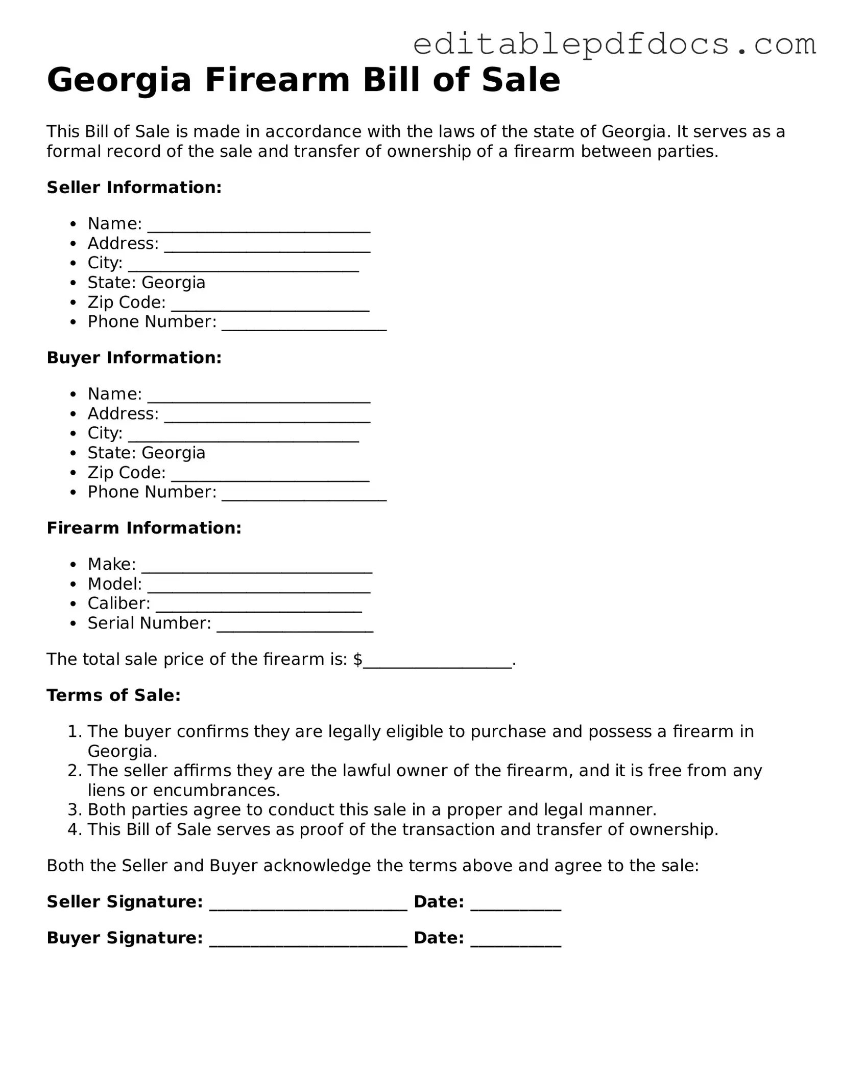  Firearm Bill of Sale Document for Georgia