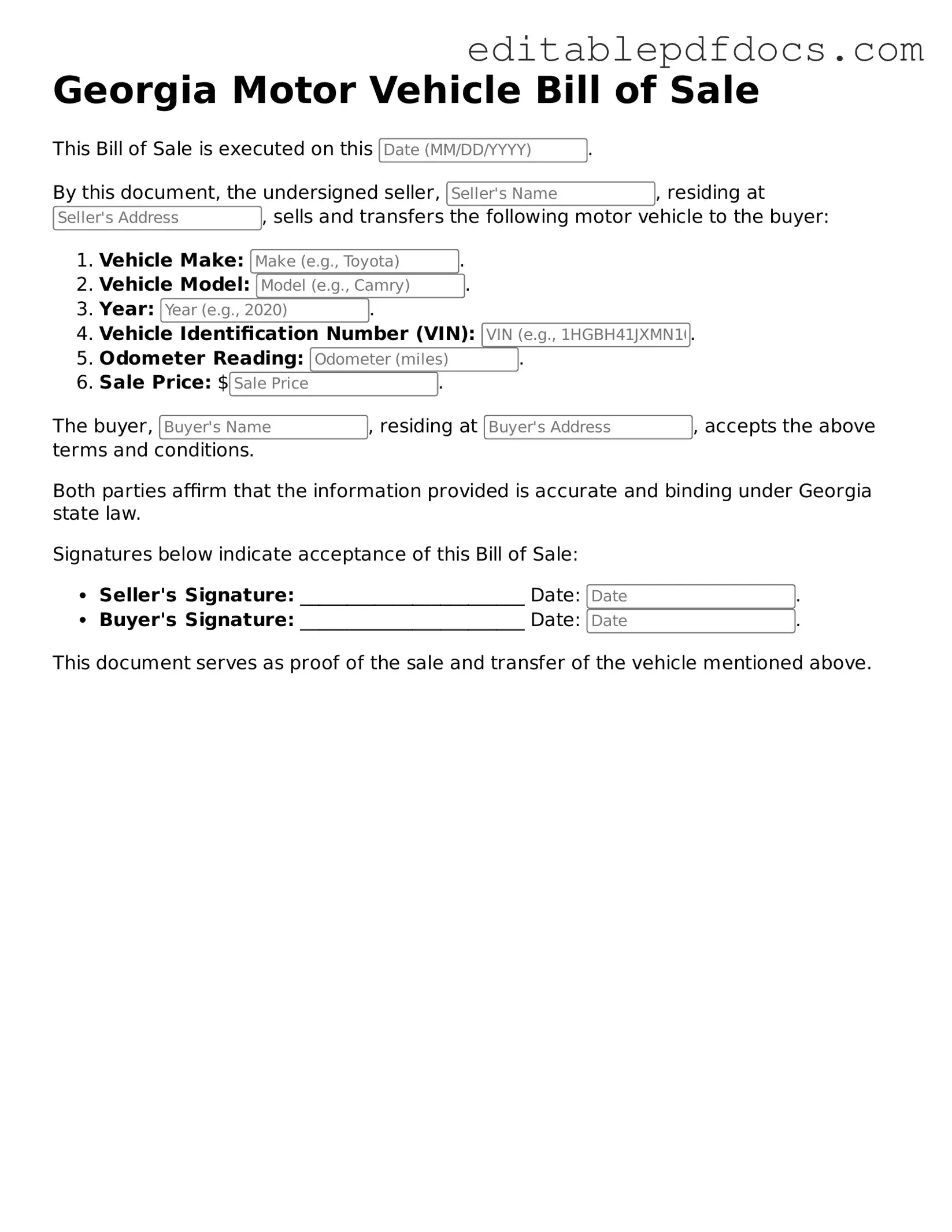  Motor Vehicle Bill of Sale Document for Georgia