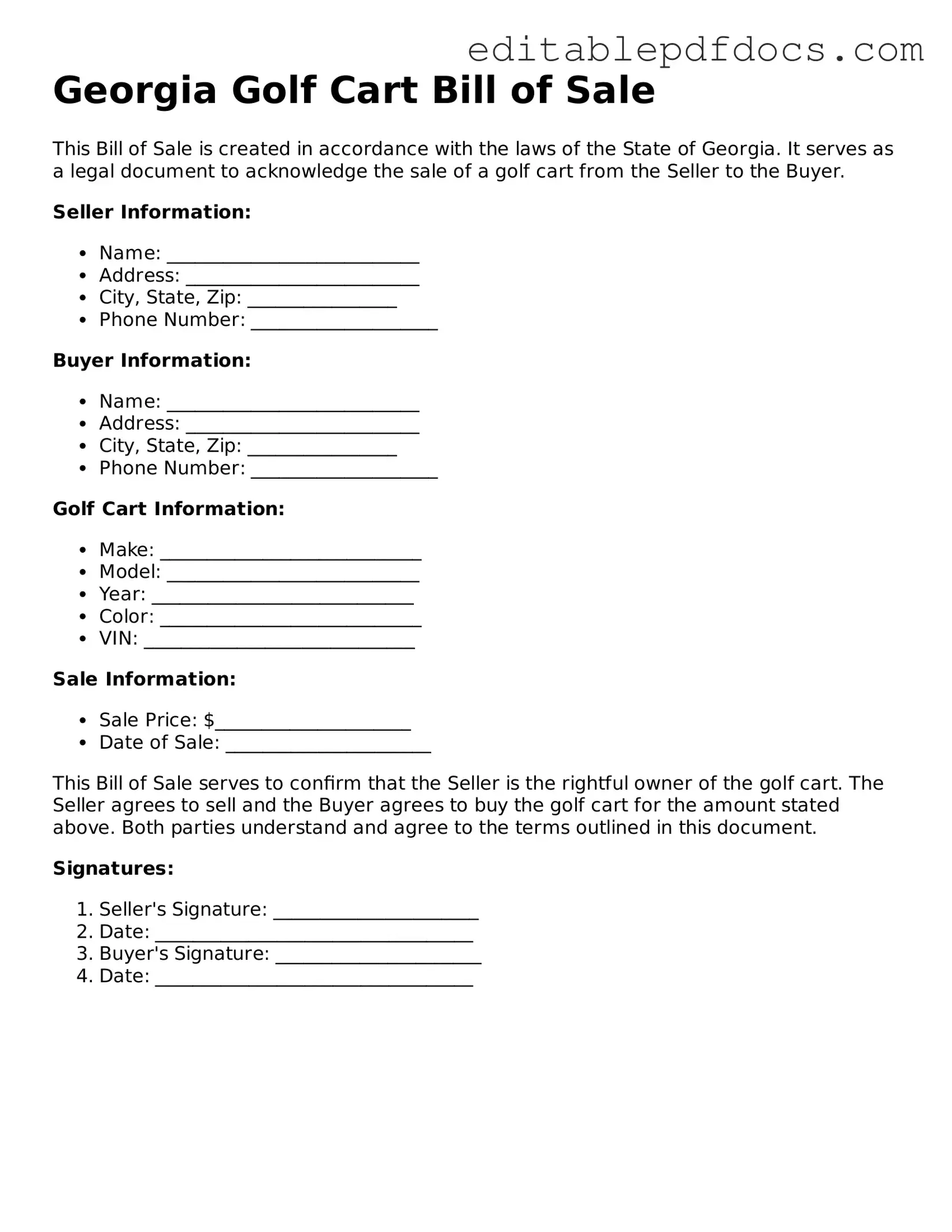  Golf Cart Bill of Sale Document for Georgia