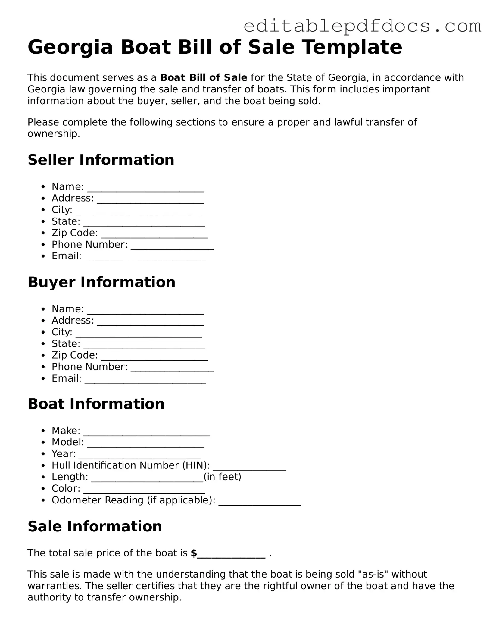  Boat Bill of Sale Document for Georgia