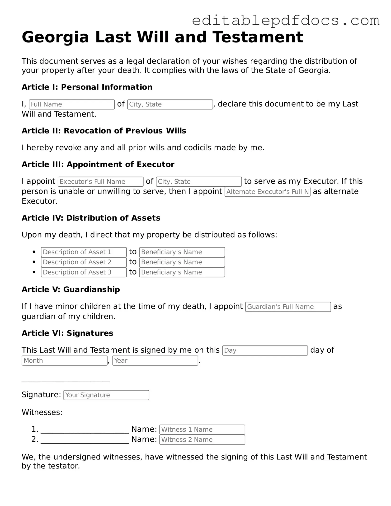  Last Will and Testament Document for Georgia