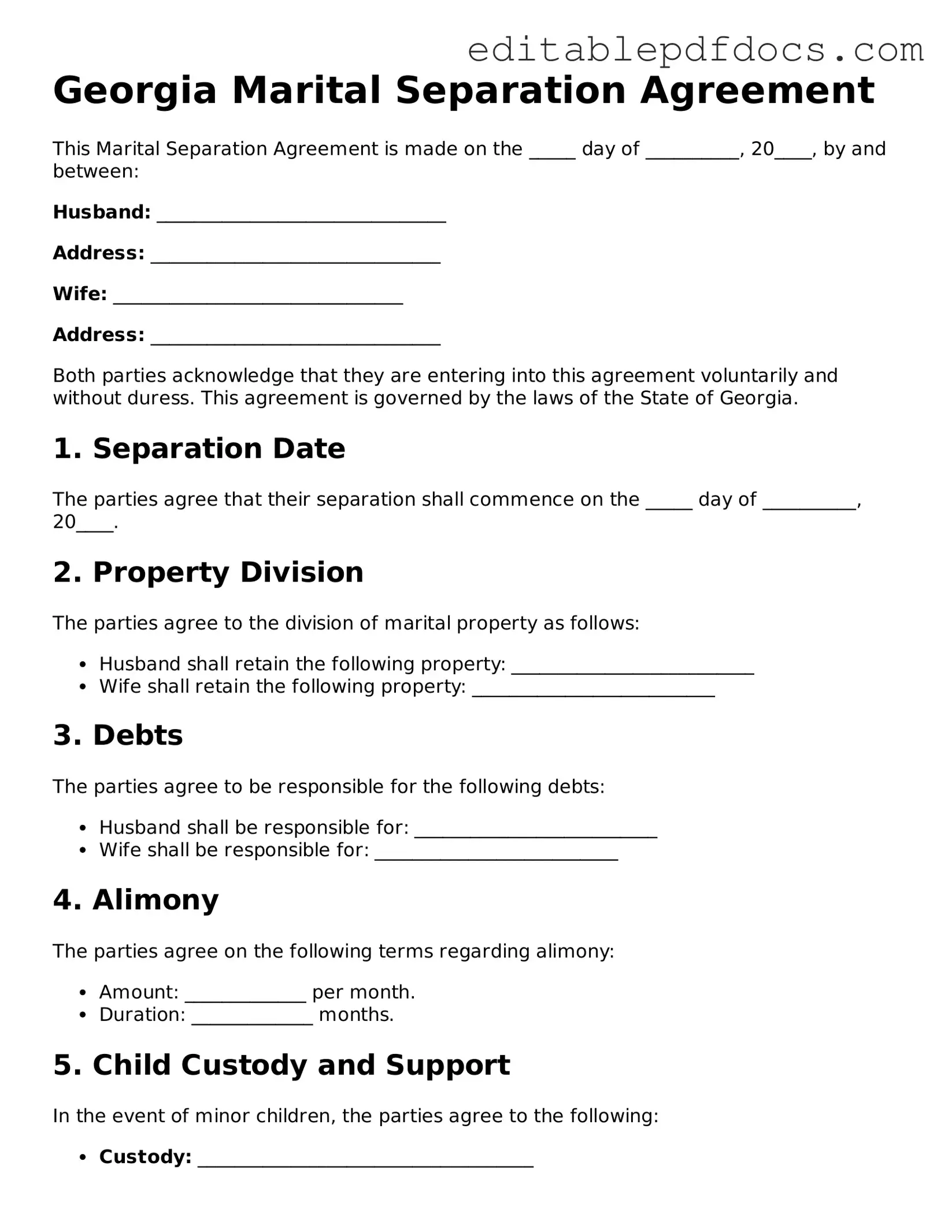  Marital Separation Agreement Document for Georgia