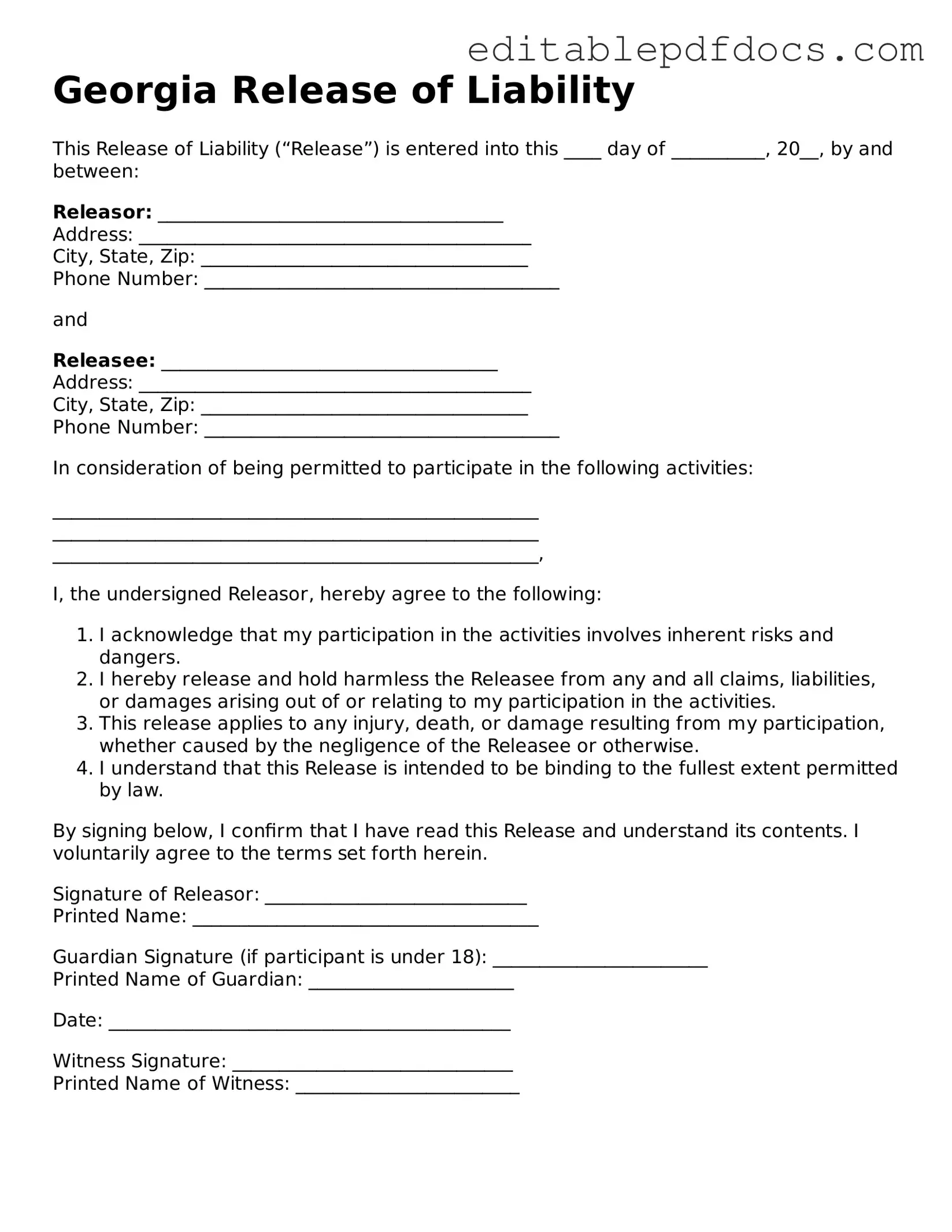  Release of Liability Document for Georgia