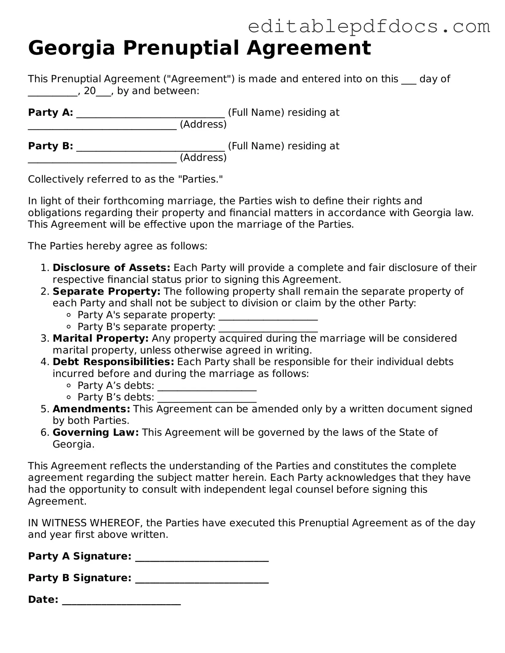  Prenuptial Agreement Document for Georgia