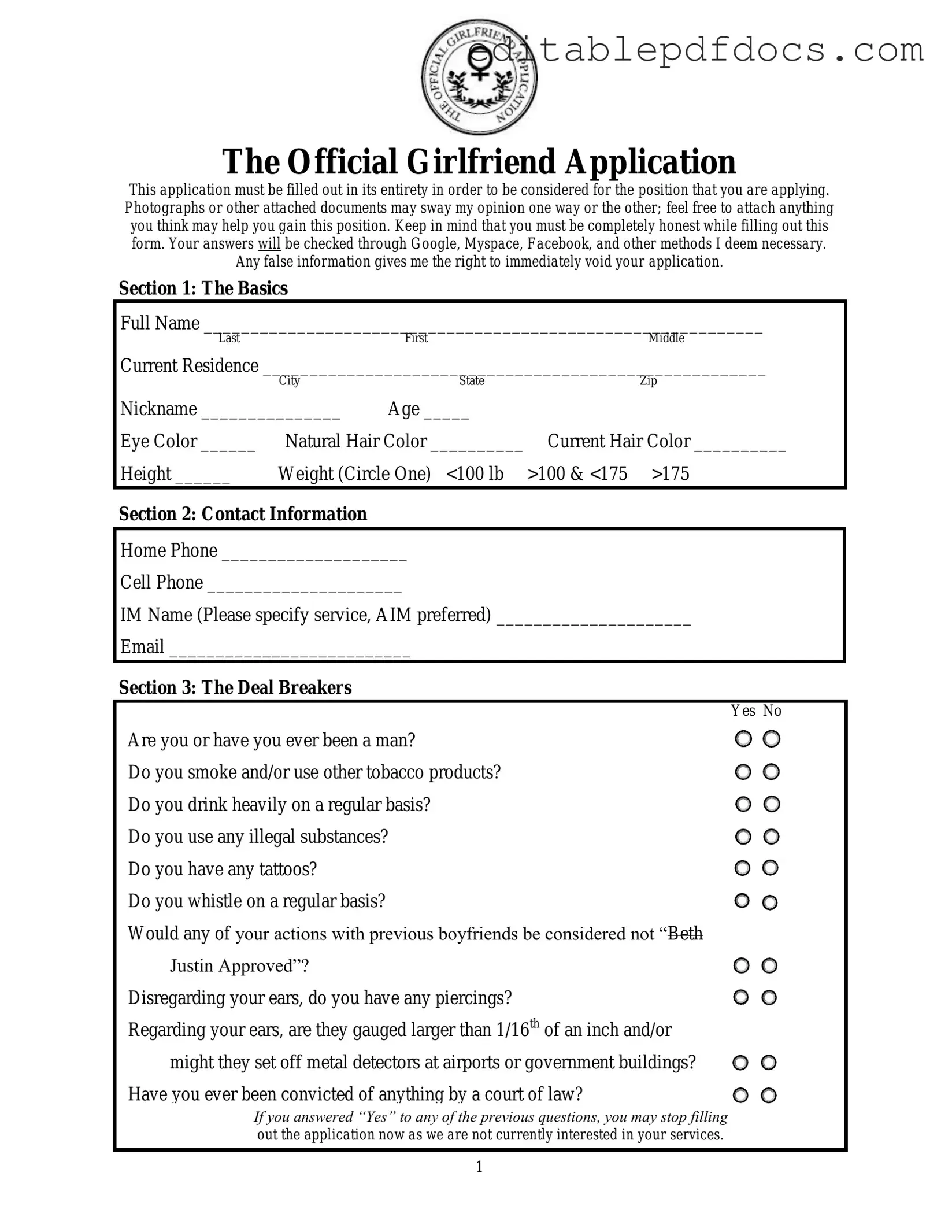 Fill a Valid Girlfriend Application Template