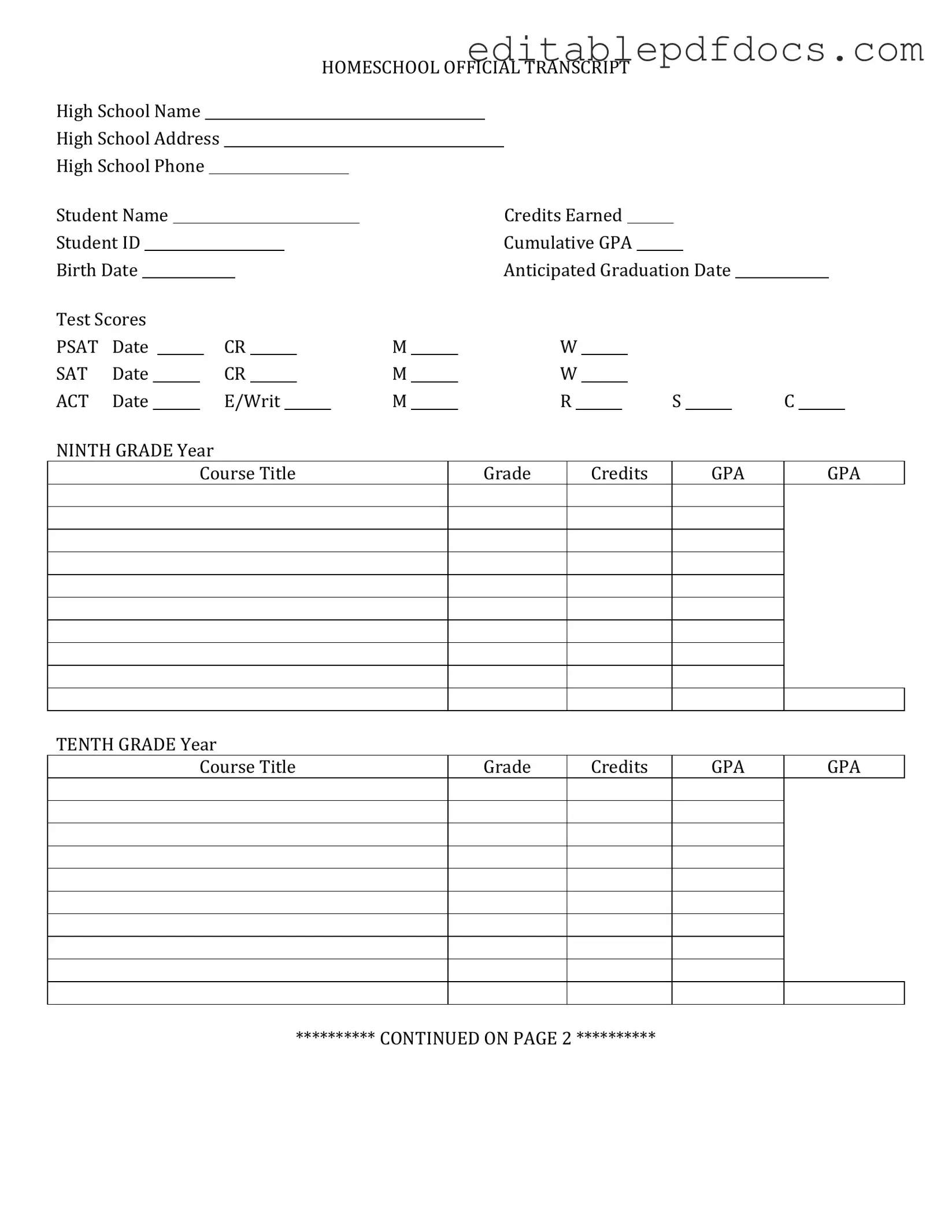 Fill a Valid High School Transcript Template