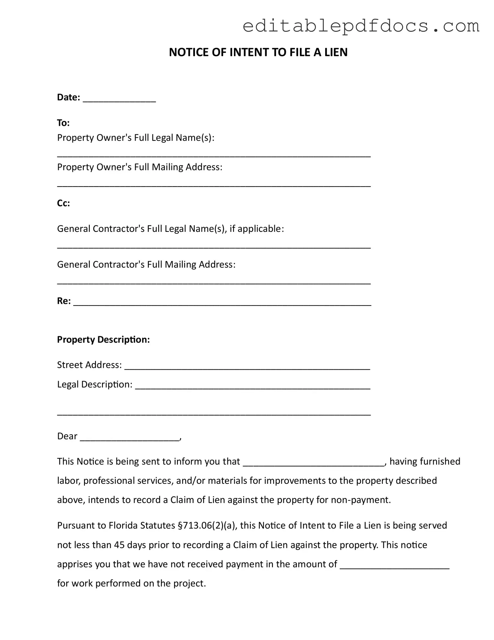 Fill a Valid Intent To Lien Florida Template