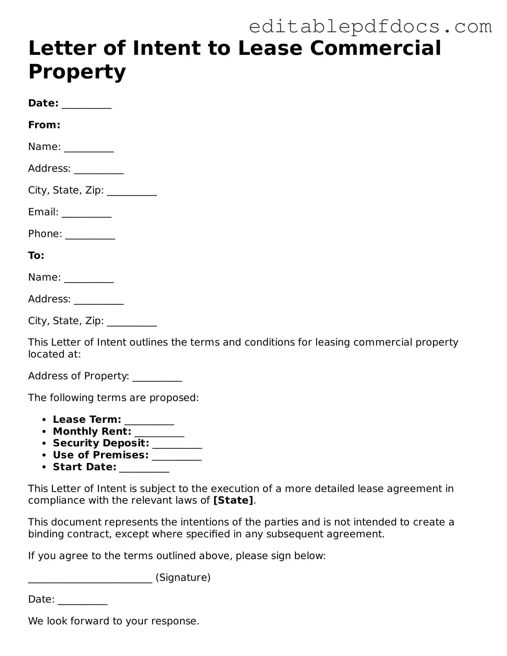 Free Letter of Intent to Lease Commercial Property Document