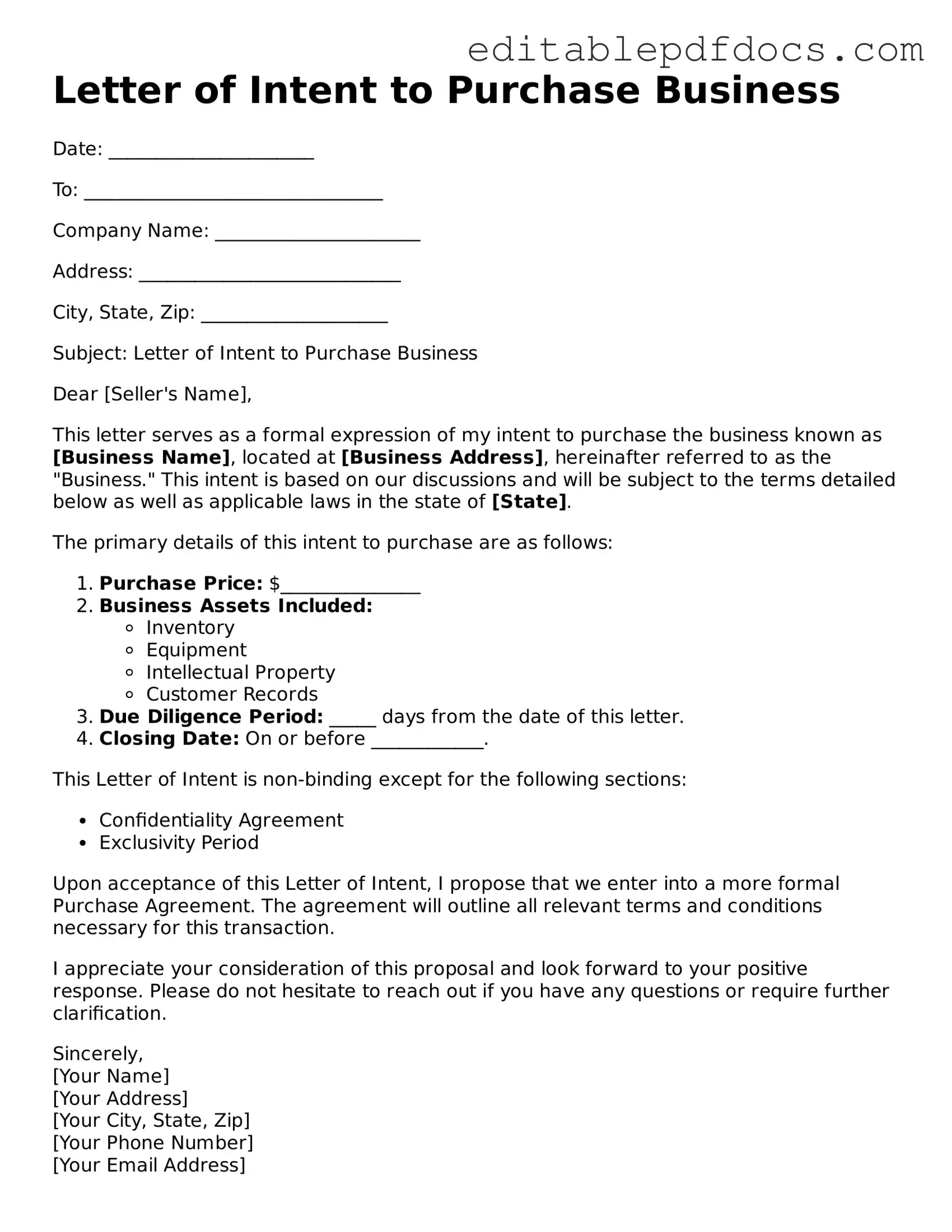 Free Letter of Intent to Purchase Business Document