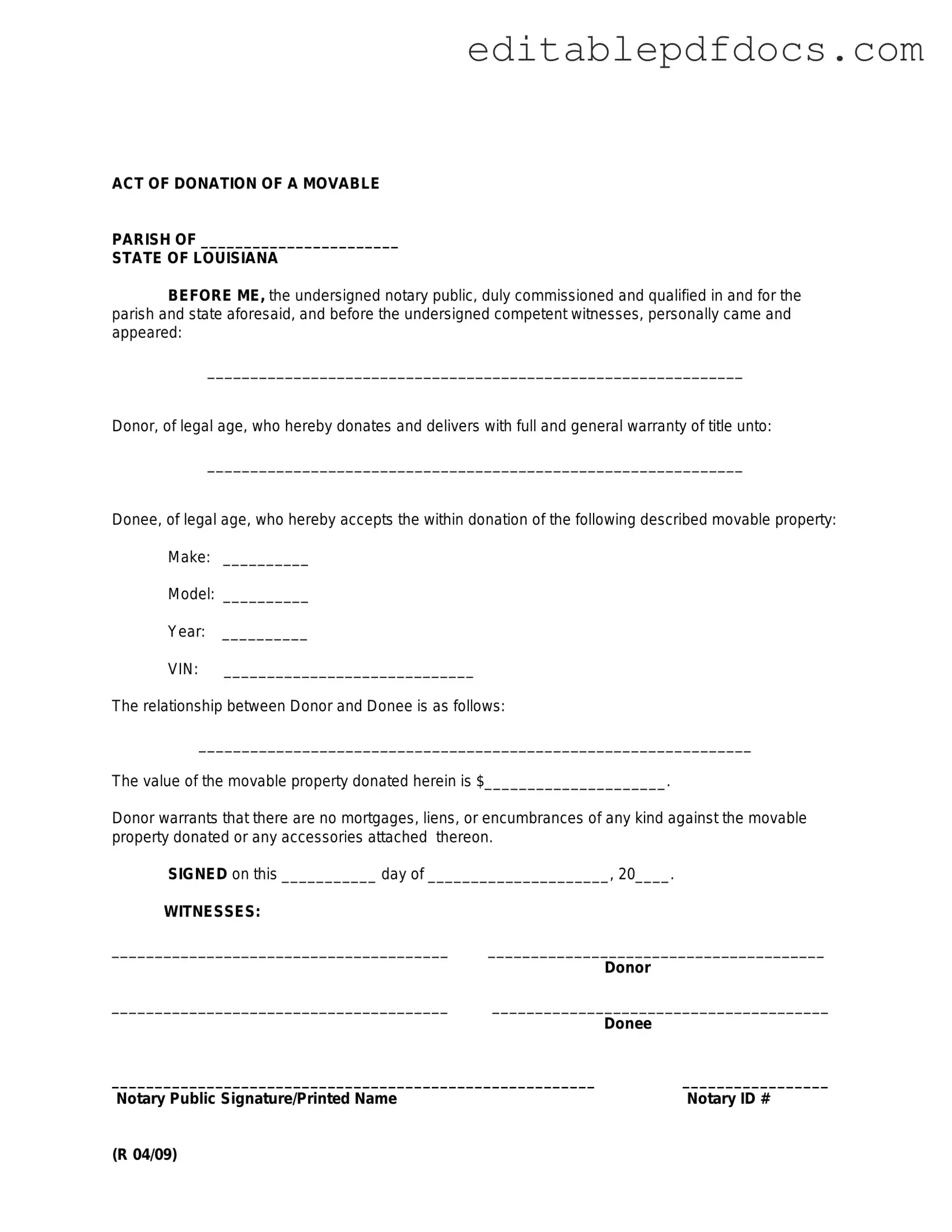 Fill a Valid Louisiana act of donation Template