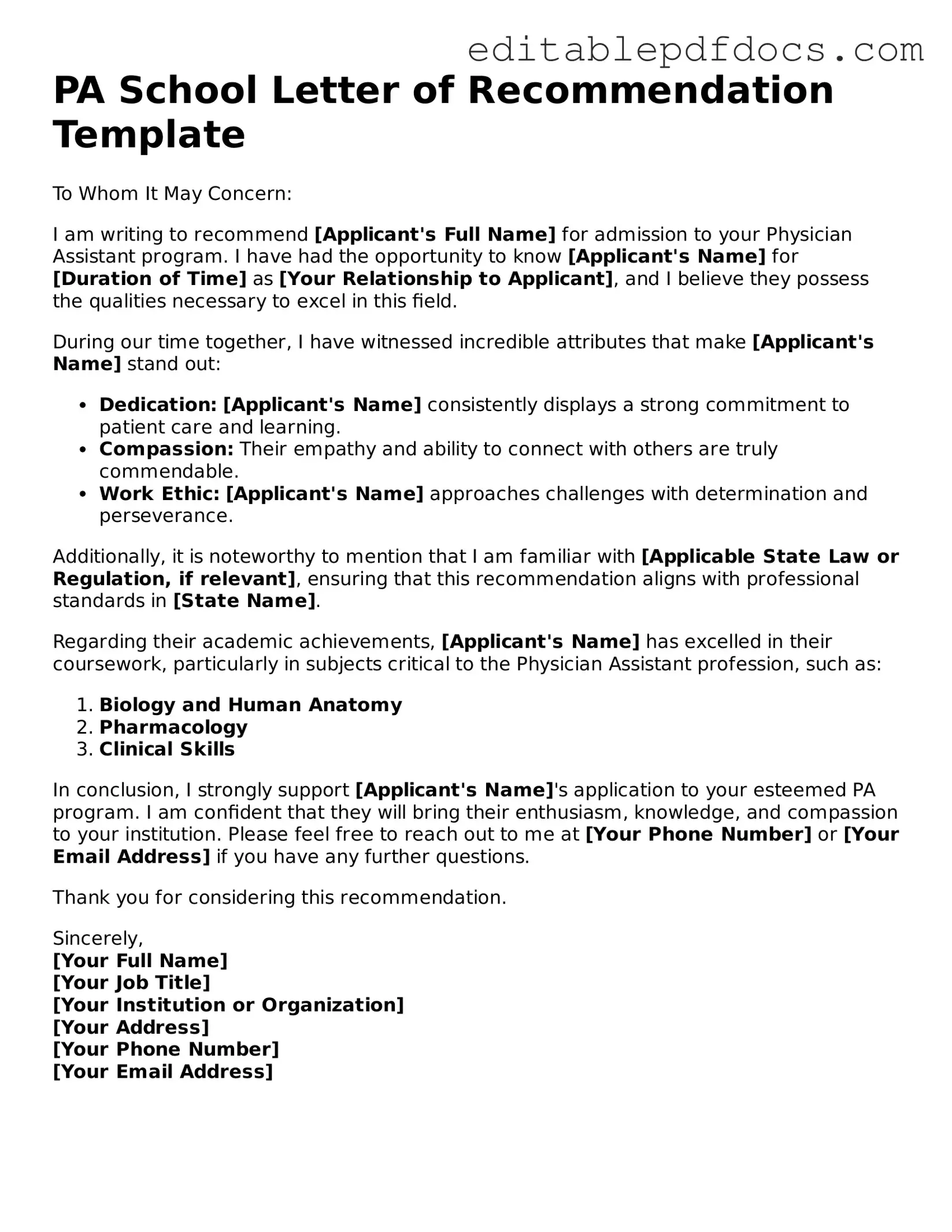 Free PA School Letter of Recommendation Document