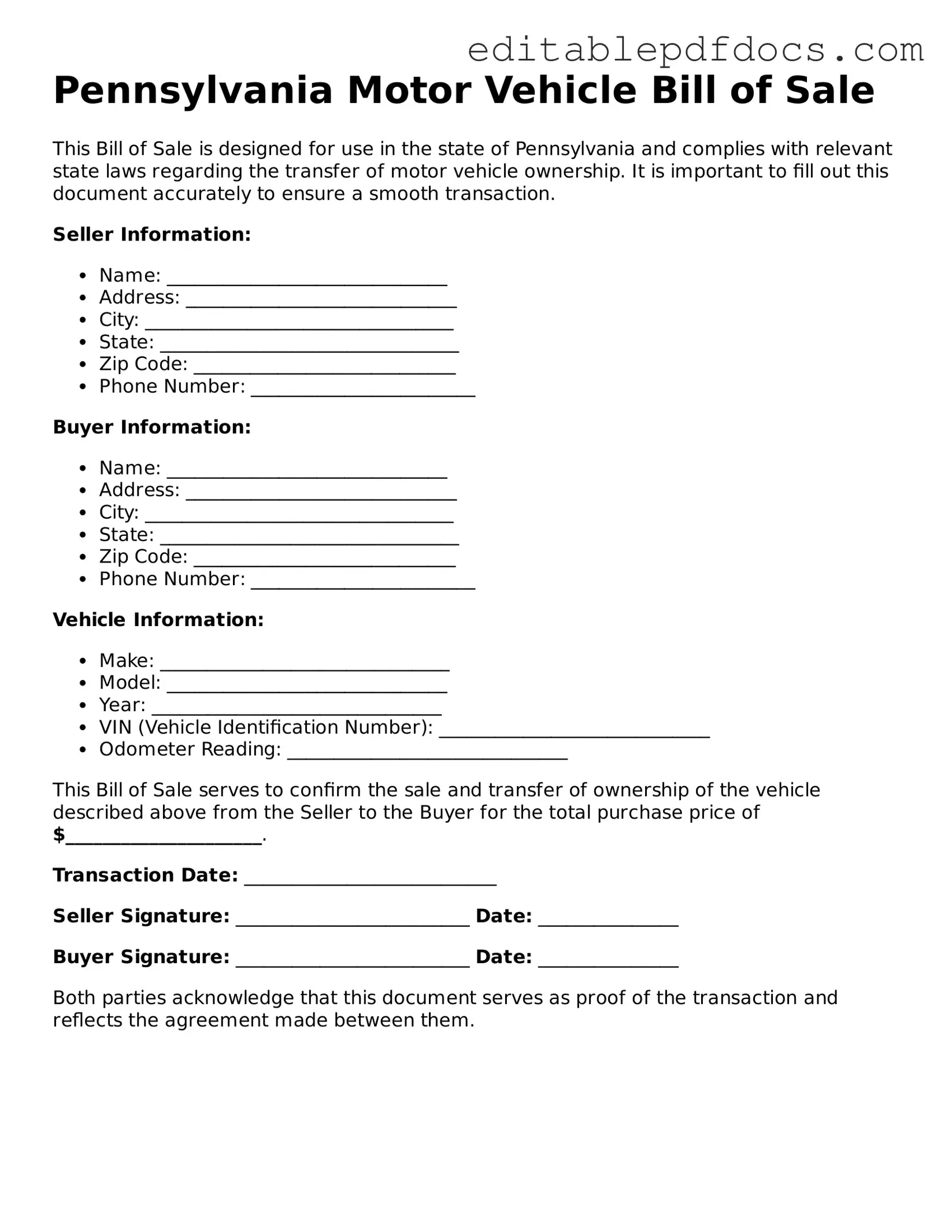  Motor Vehicle Bill of Sale Document for Pennsylvania