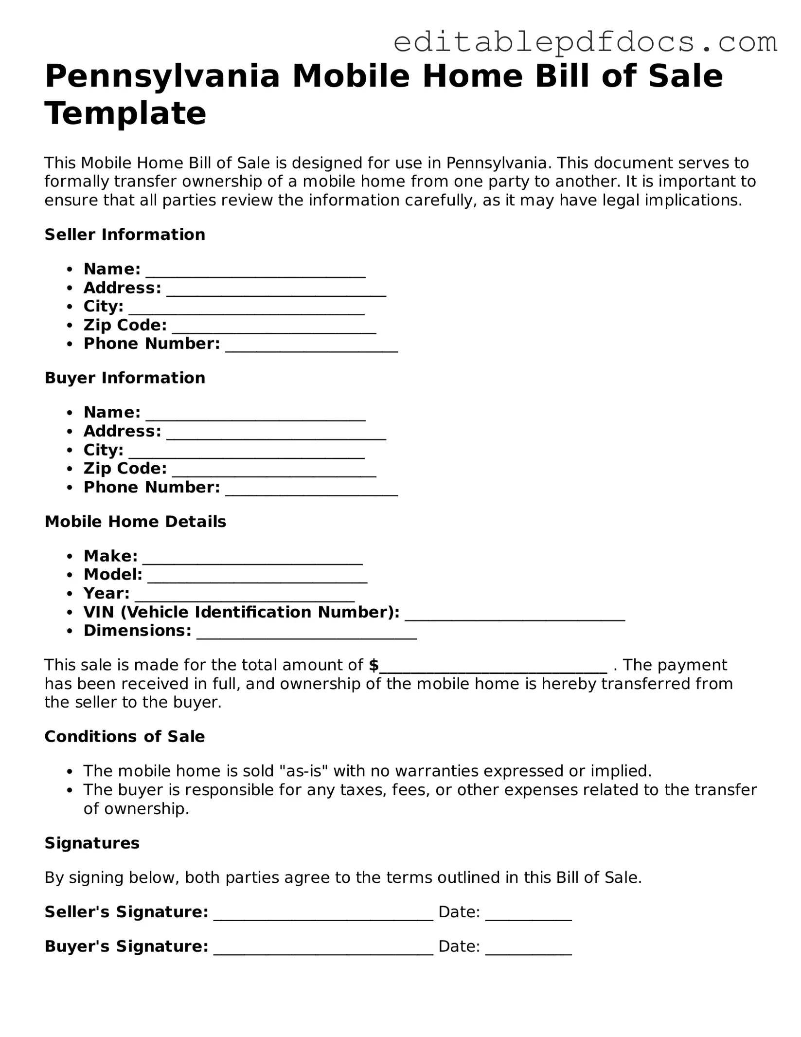  Mobile Home Bill of Sale Document for Pennsylvania
