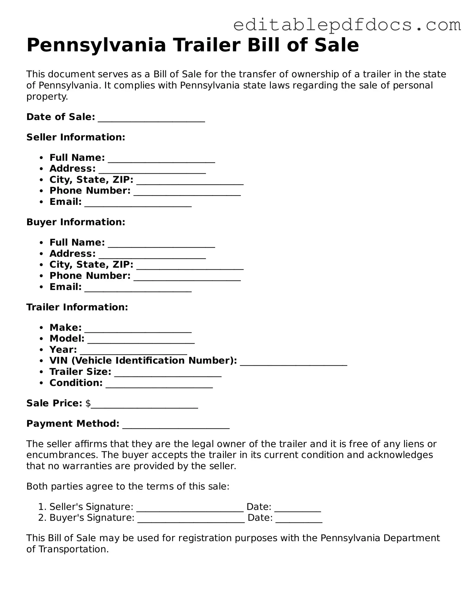  Trailer Bill of Sale Document for Pennsylvania