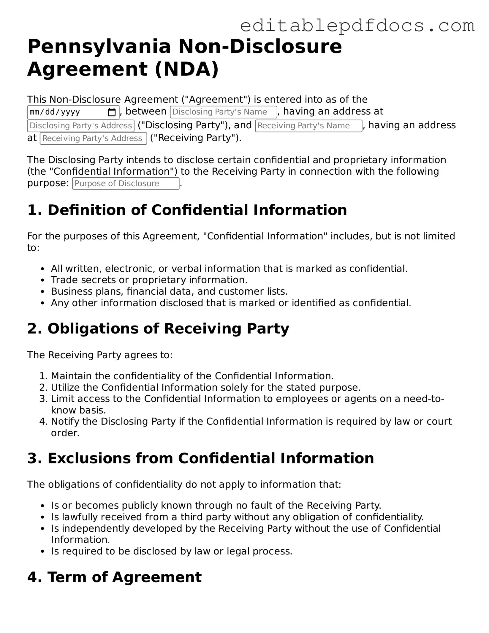  Non-disclosure Agreement Document for Pennsylvania