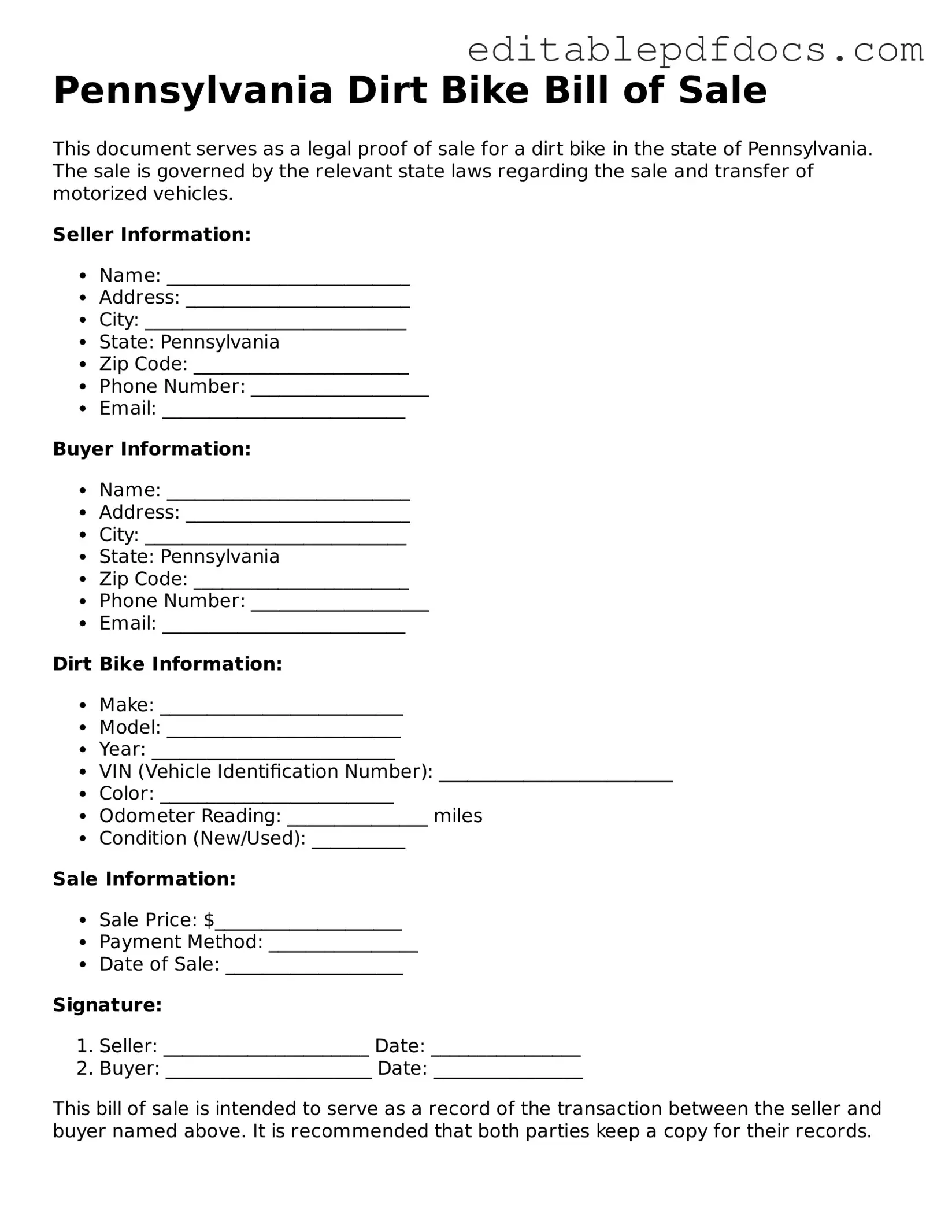  Dirt Bike Bill of Sale Document for Pennsylvania