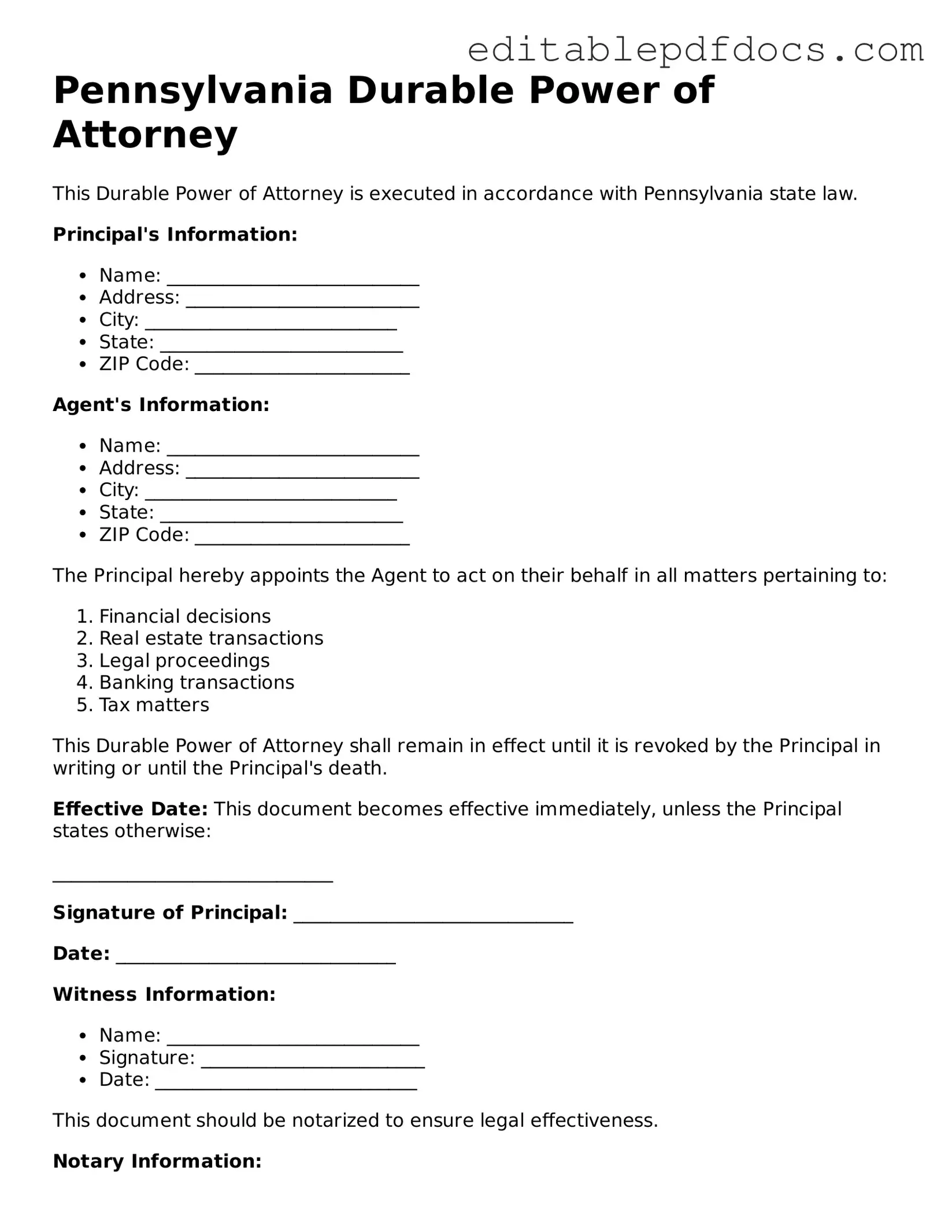  Durable Power of Attorney Document for Pennsylvania