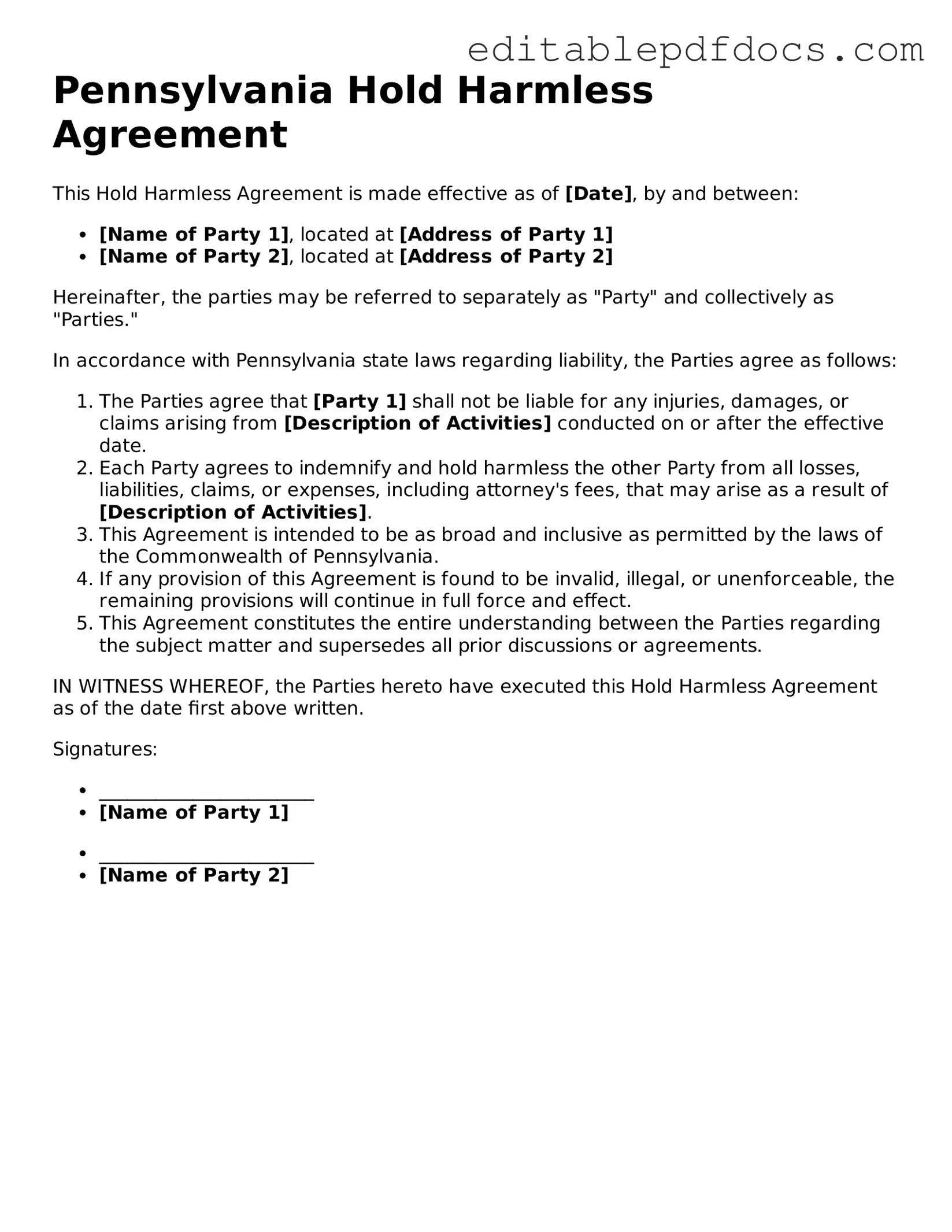  Hold Harmless Agreement Document for Pennsylvania