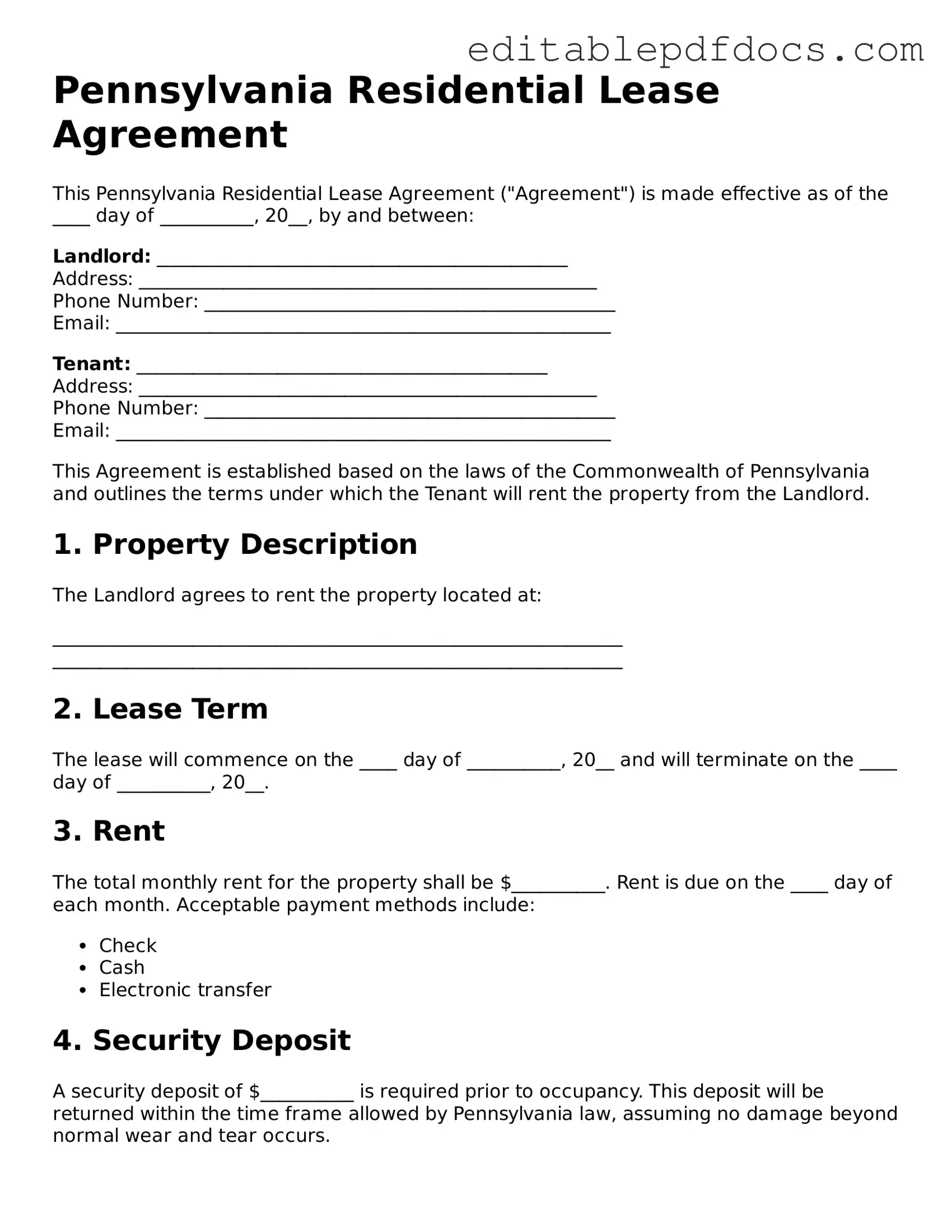  Residential Lease Agreement Document for Pennsylvania