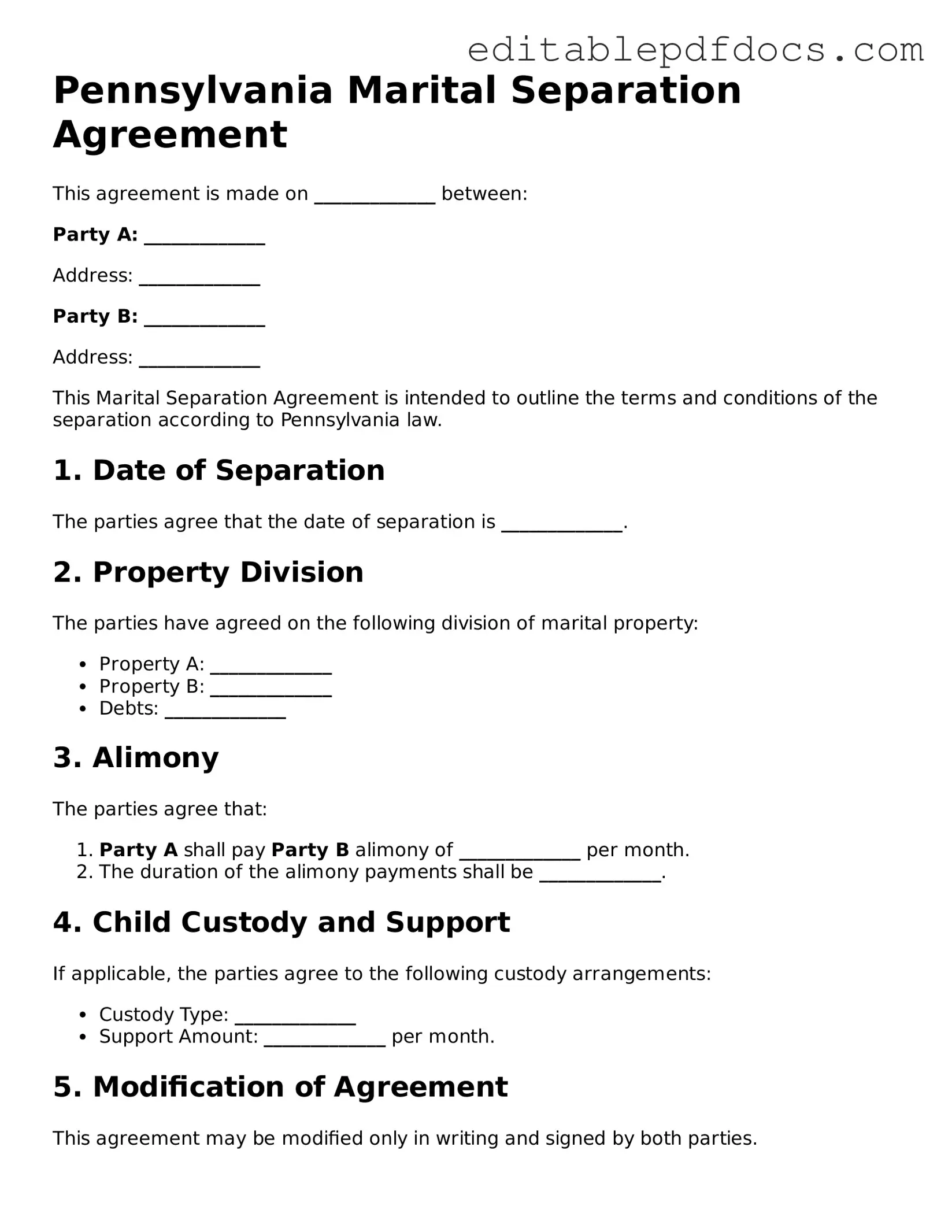 Marital Separation Agreement Document for Pennsylvania