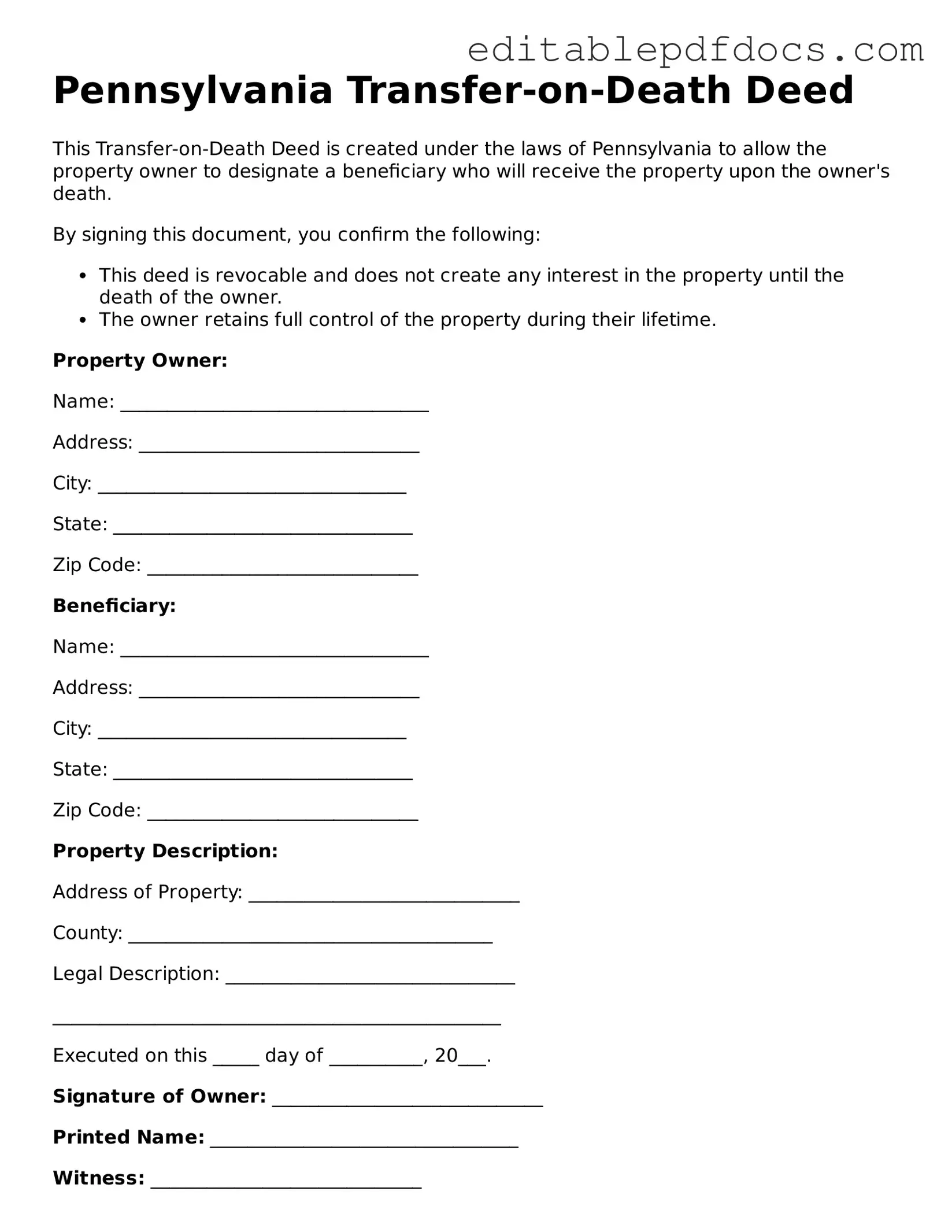  Transfer-on-Death Deed Document for Pennsylvania
