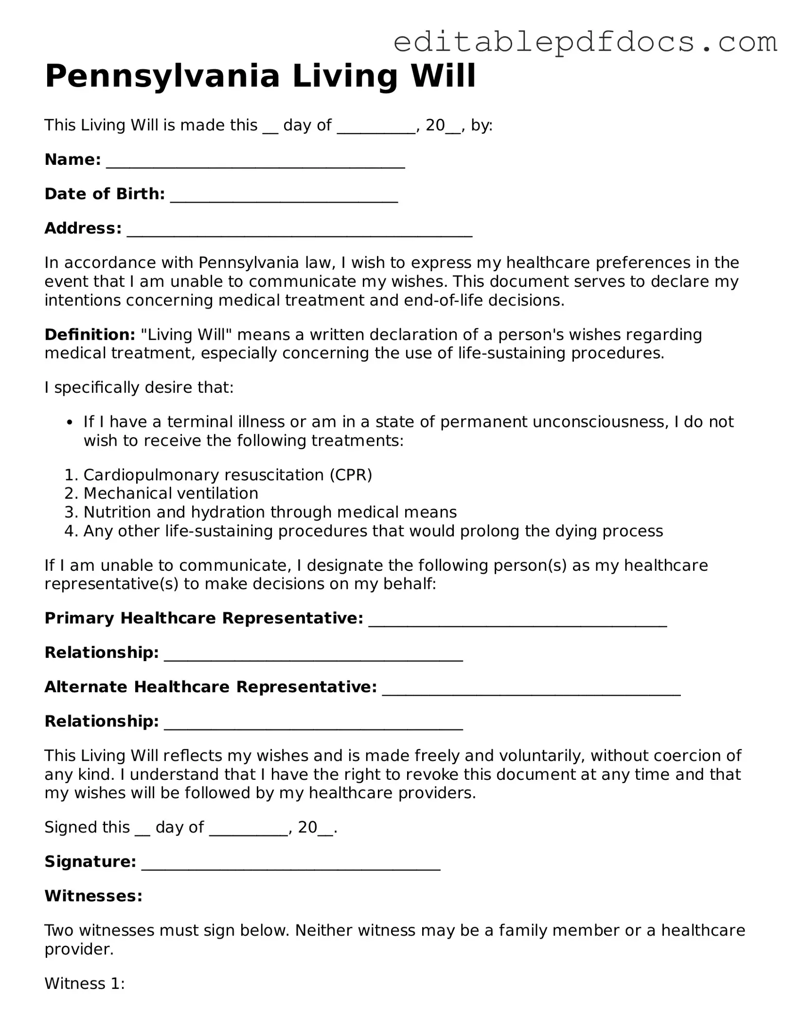  Living Will Document for Pennsylvania