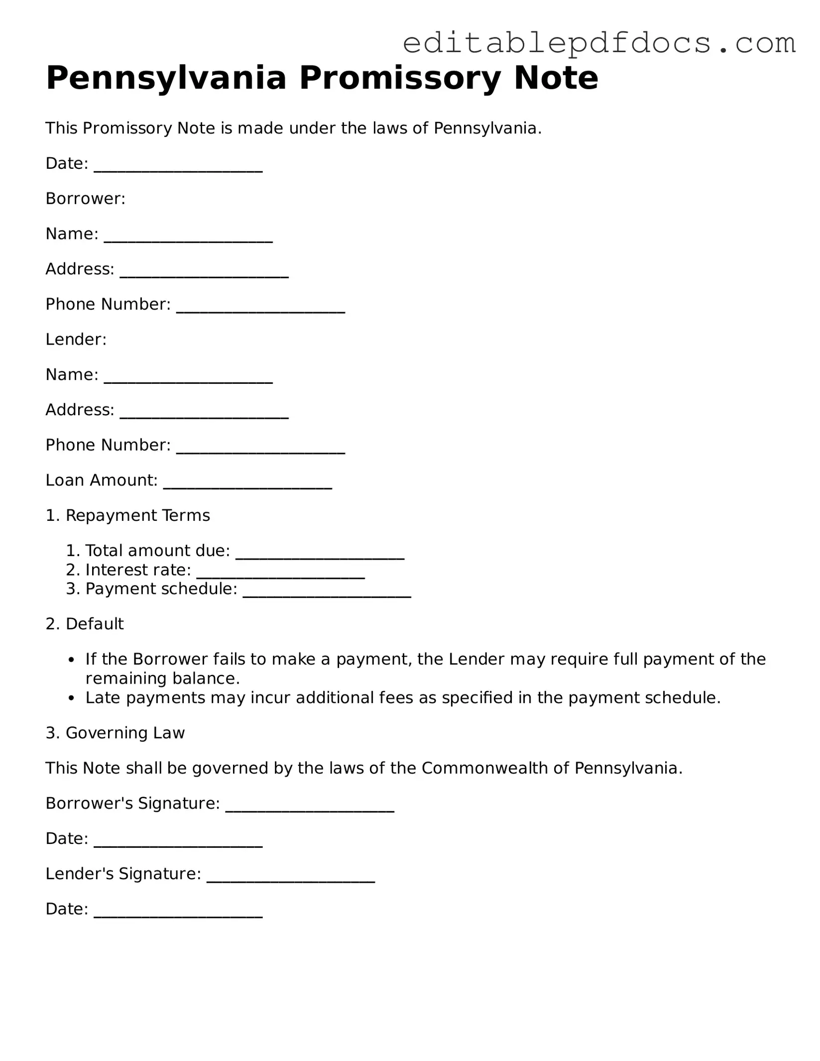  Promissory Note Document for Pennsylvania