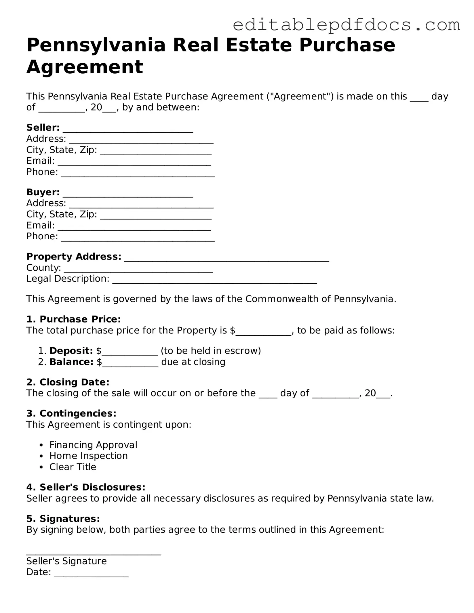  Real Estate Purchase Agreement Document for Pennsylvania