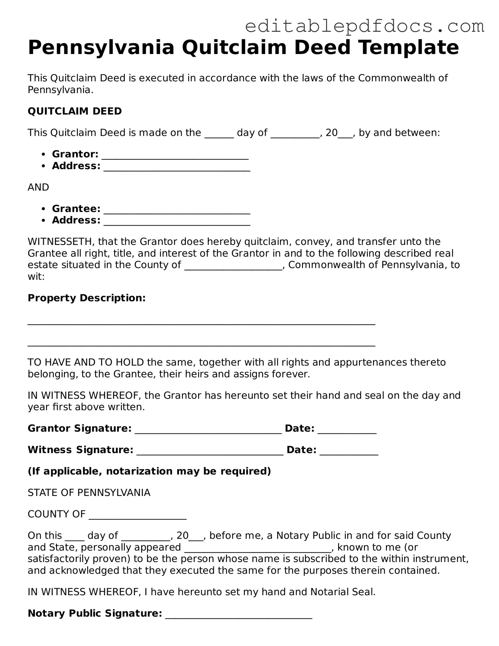  Quitclaim Deed Document for Pennsylvania