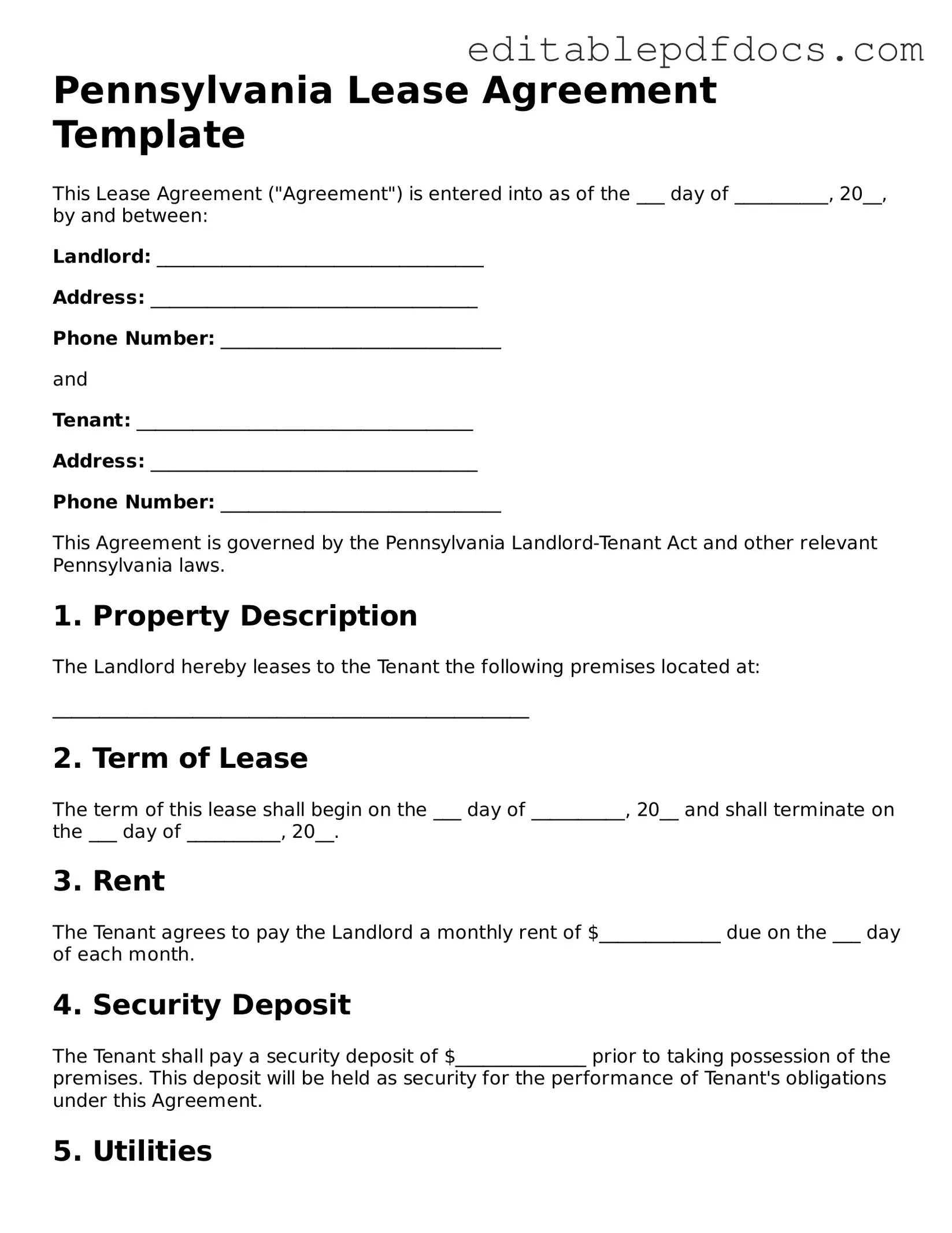  Lease Agreement Document for Pennsylvania