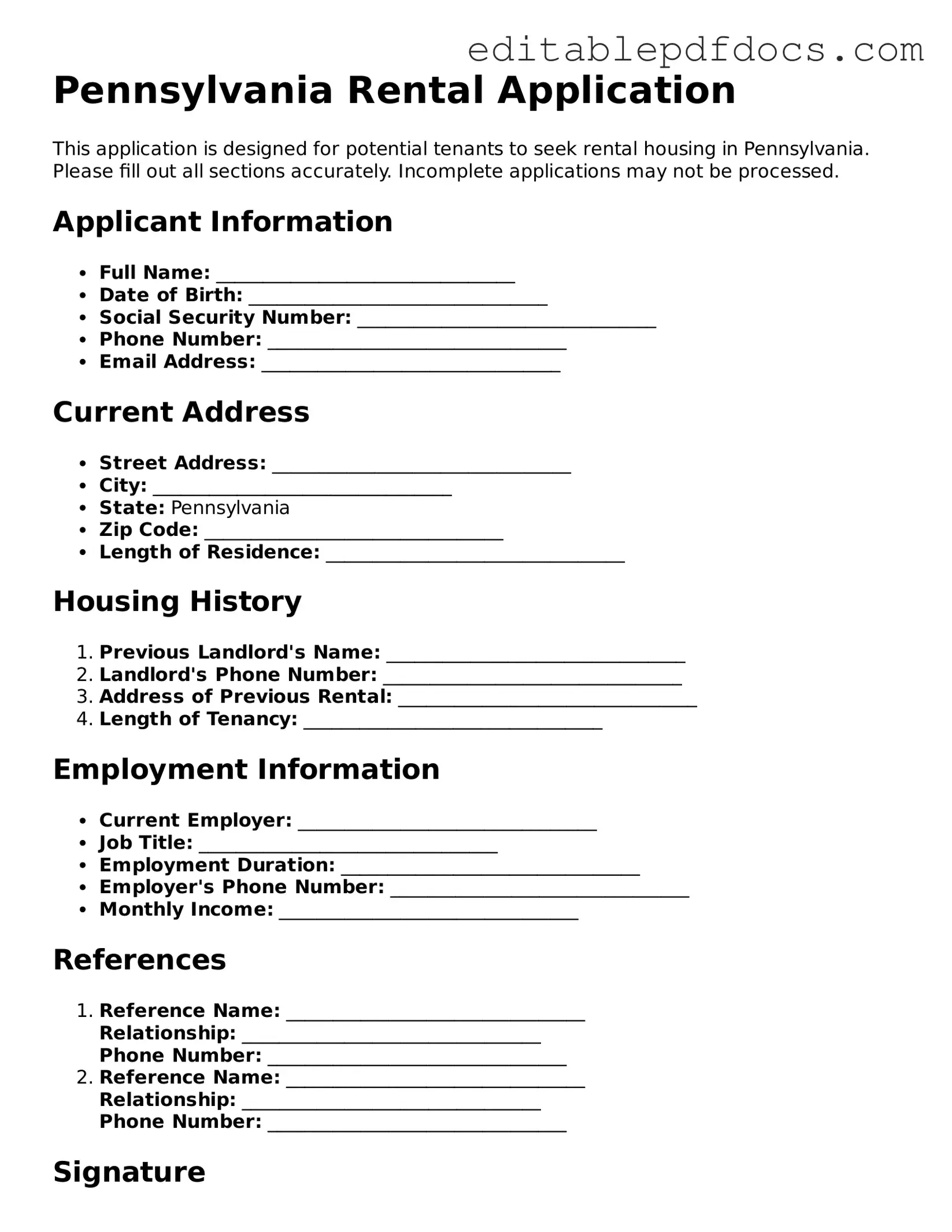  Rental Application Document for Pennsylvania