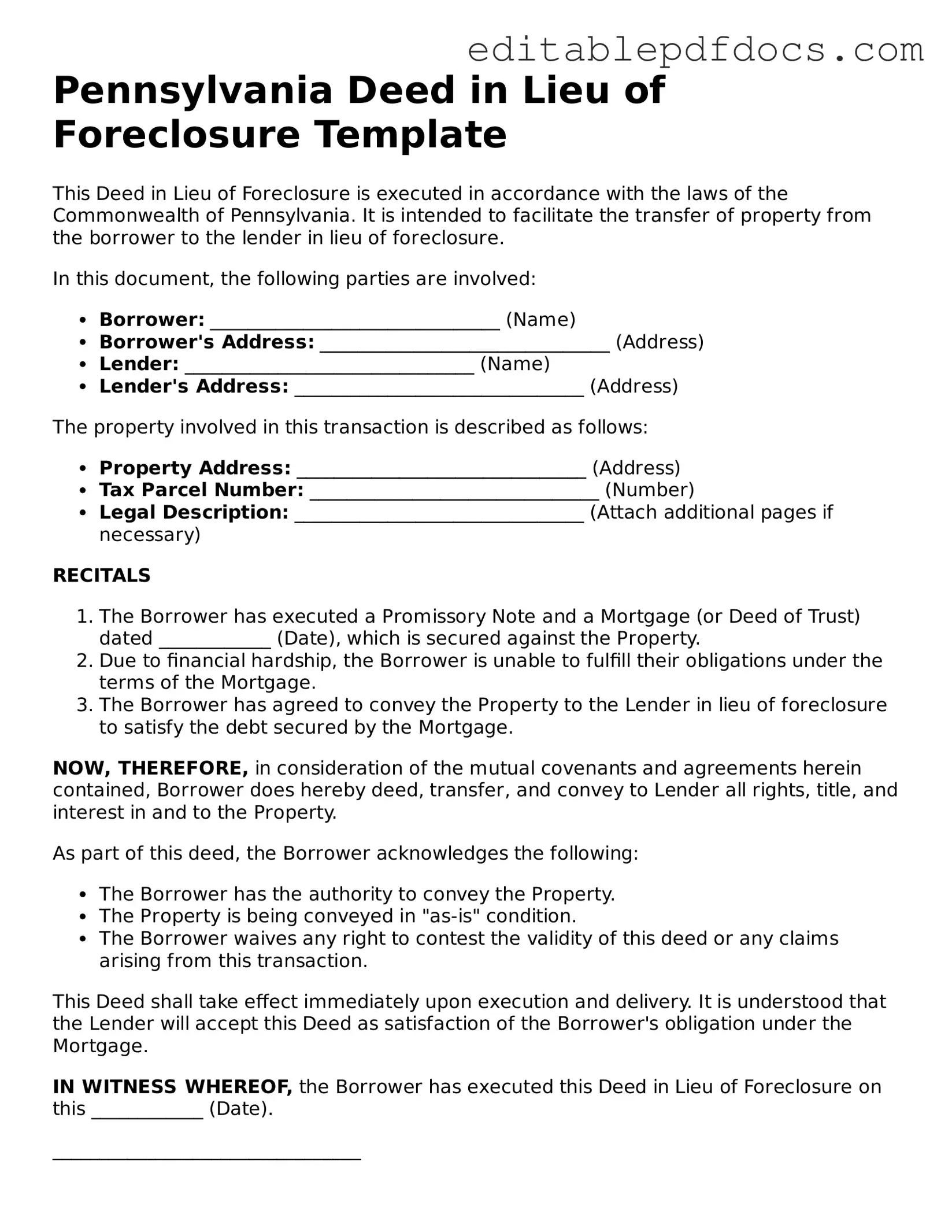  Deed in Lieu of Foreclosure Document for Pennsylvania