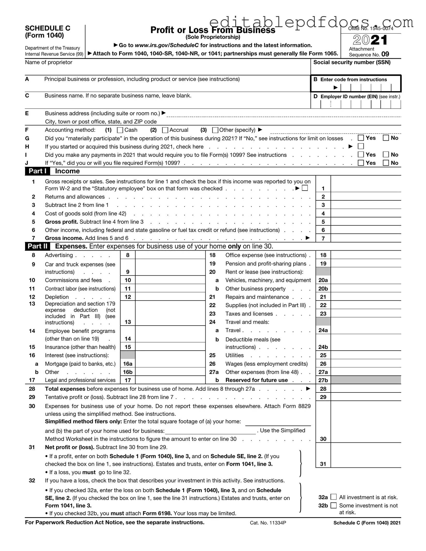 Fill a Valid IRS Schedule C 1040 Template