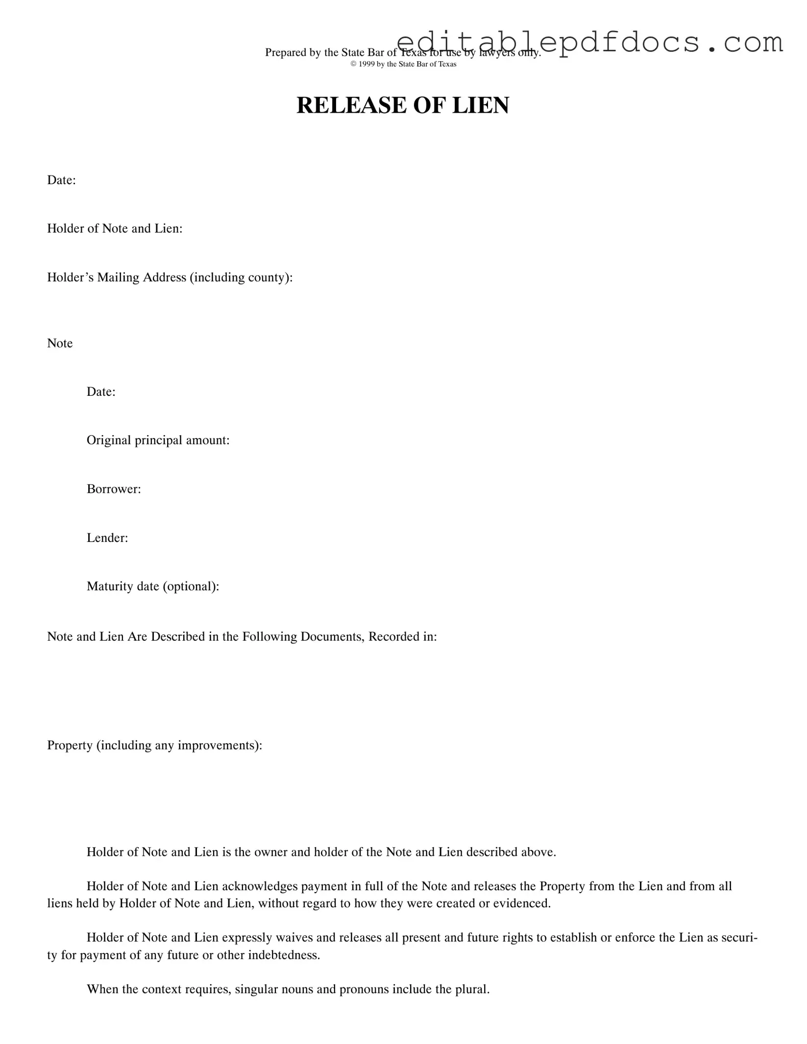 Fill a Valid Release Of Lien Texas Template