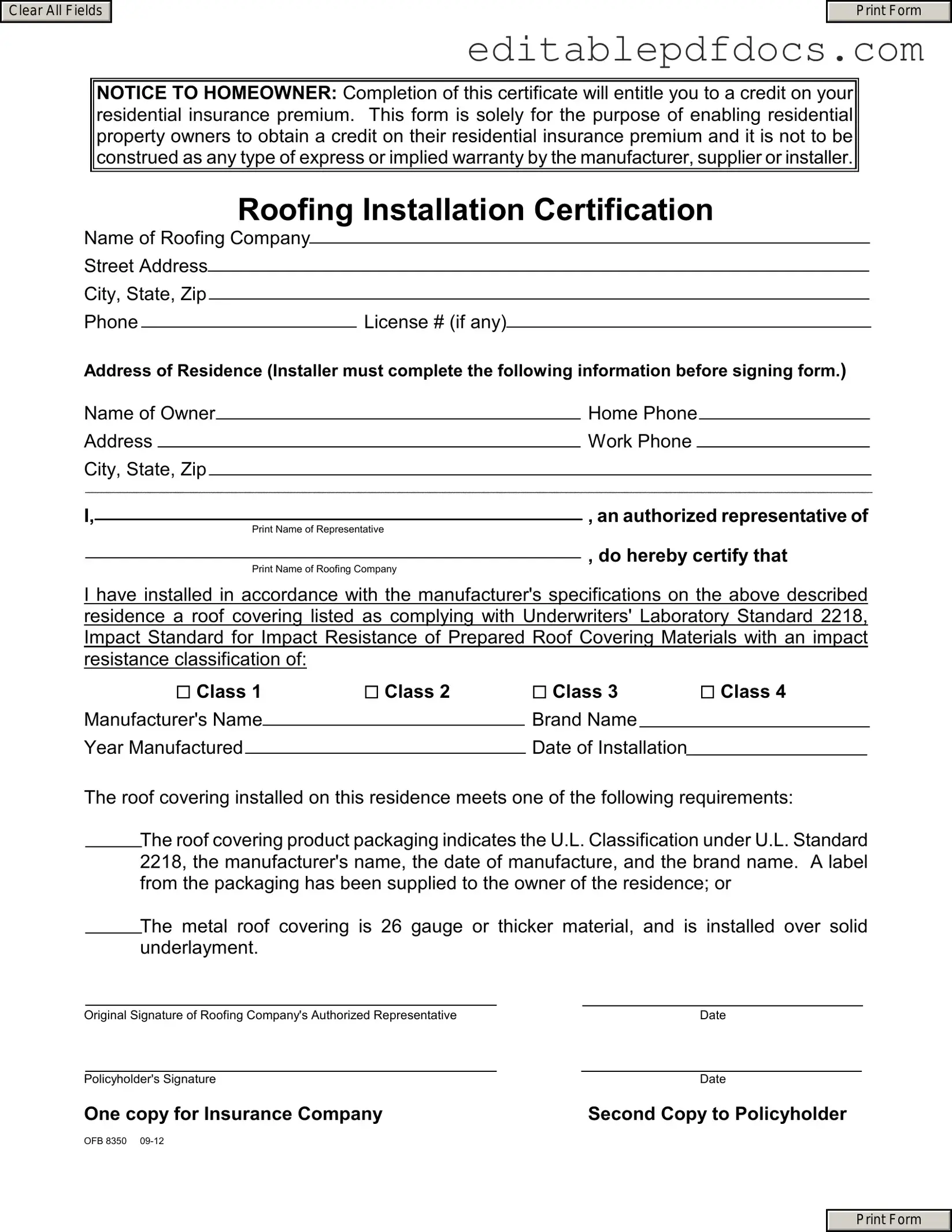 Fill a Valid Roofing Certificate Template
